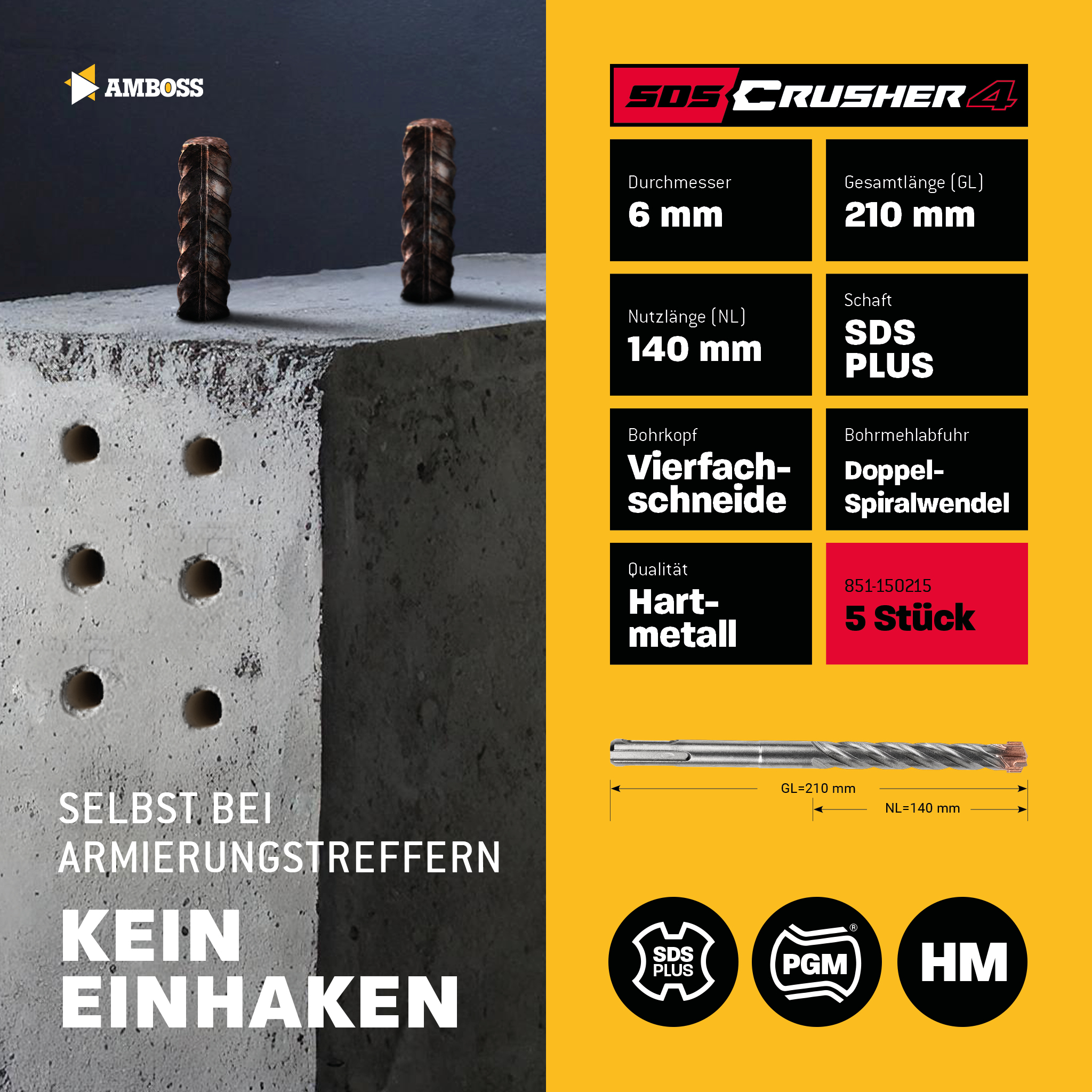 5x Bohrer SDS Plus Schaft - Ø:6 mm - GL: 210 mm