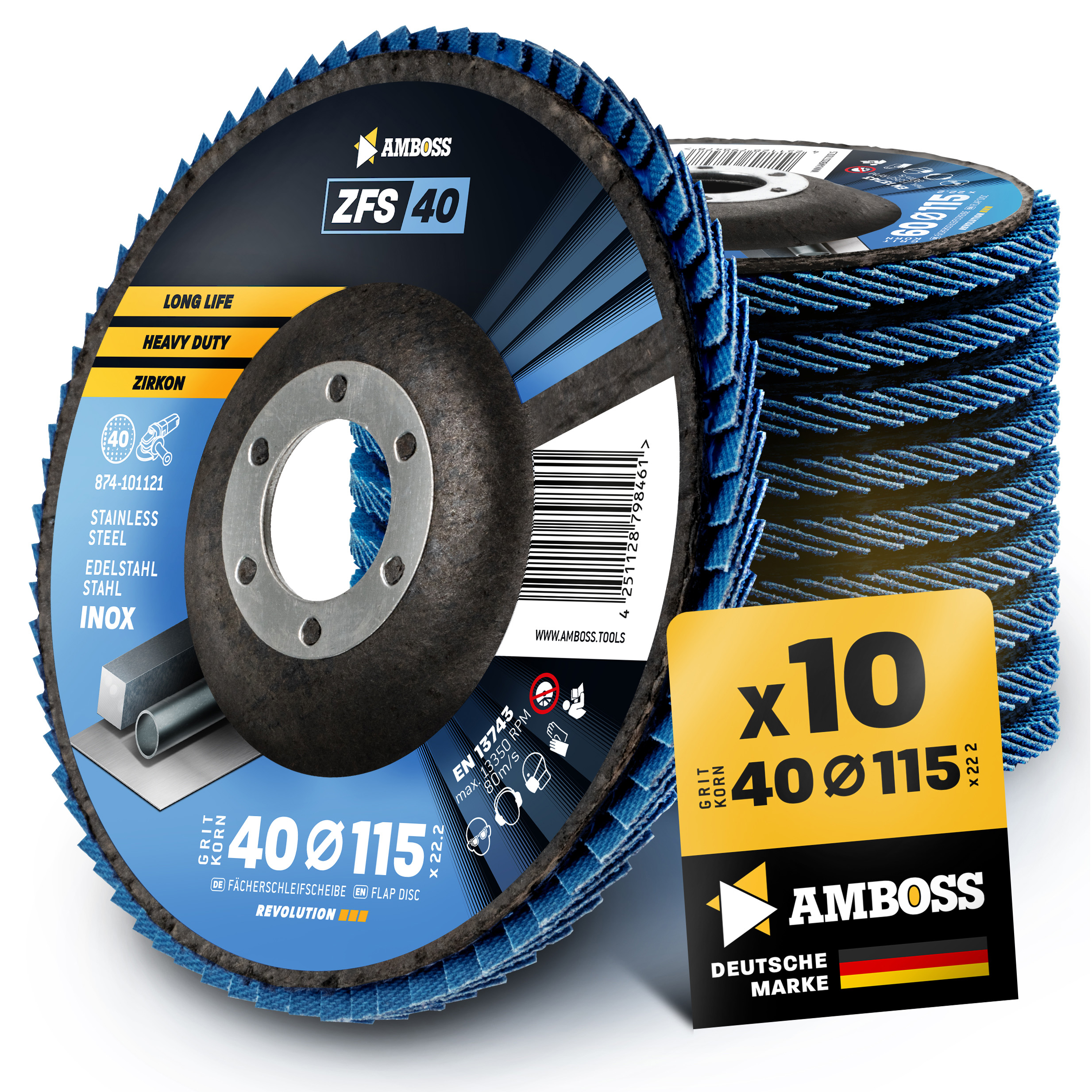 10x Amboss ZFS Fächerschleifscheibe Korn:40 Ø115mm 10x Amboss ZFS Fächerschleifscheibe Korn:40 Ø115mm