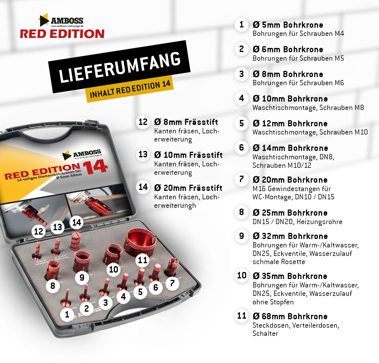 Amboss Red Edition 14 Diamant Bohrkronen Set Ø 5-68 mm / Vollfräser 8/10/20 mm Amboss Red Edition 14 Diamant Bohrkronen Set Ø 5-68 mm / Vollfräser 8/10/20 mm