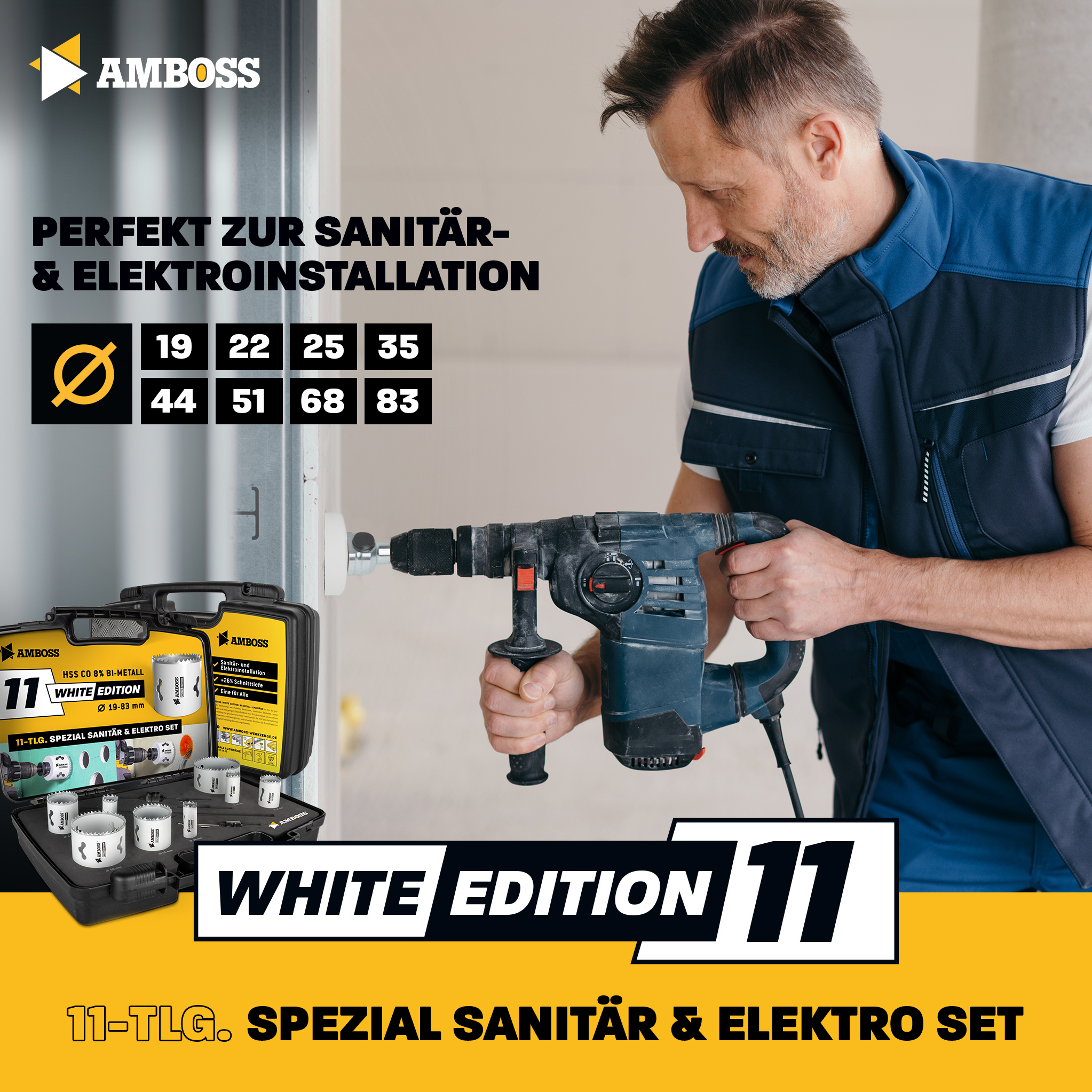 Amboss M 42 Bi-Metall Lochsägen Set Ø 19-83 mm (11-teilig) | Für Aluminium, Stahl, Gipskarton, Holz etc.