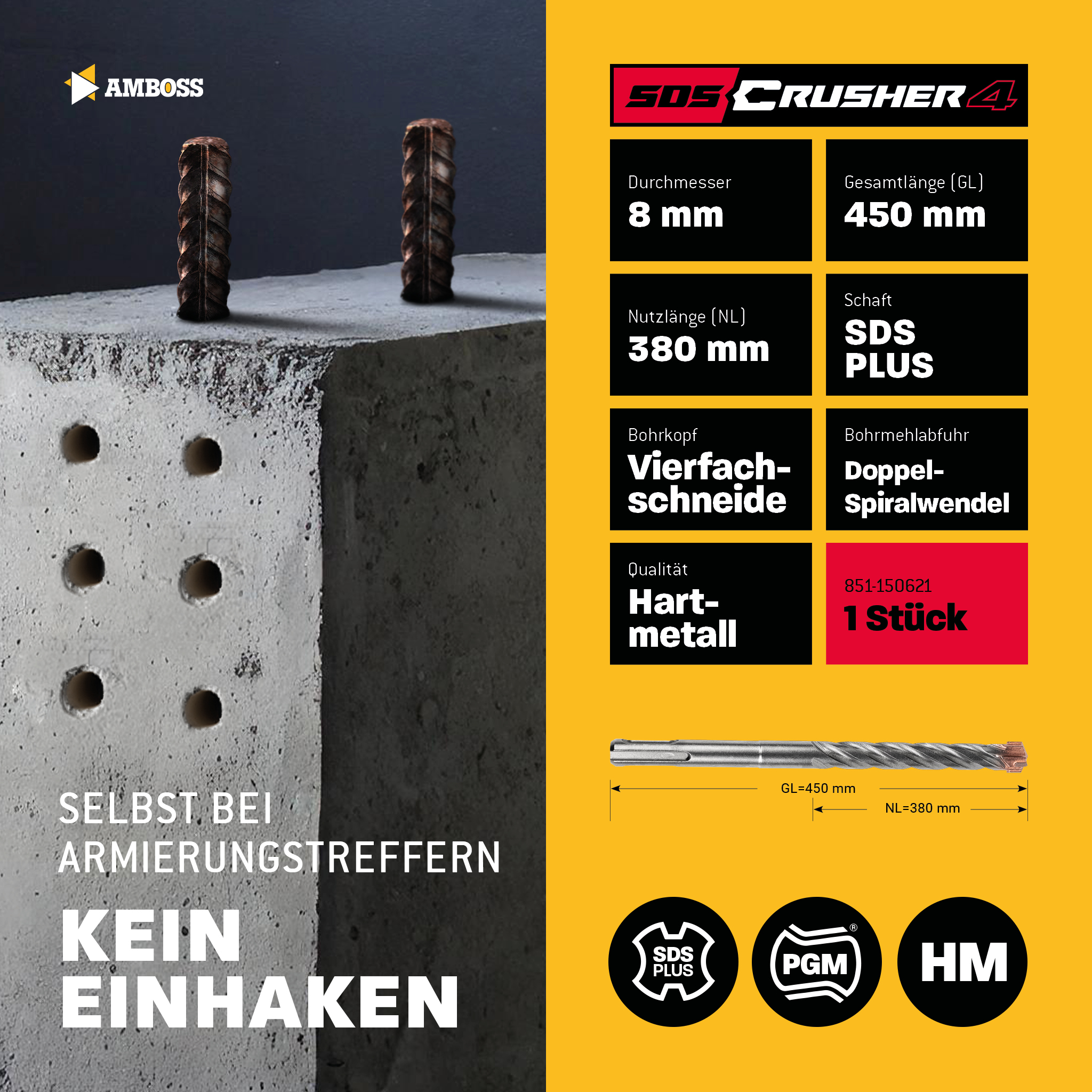 1x Bohrer SDS Plus Schaft - Ø:8 mm - GL: 450 mm