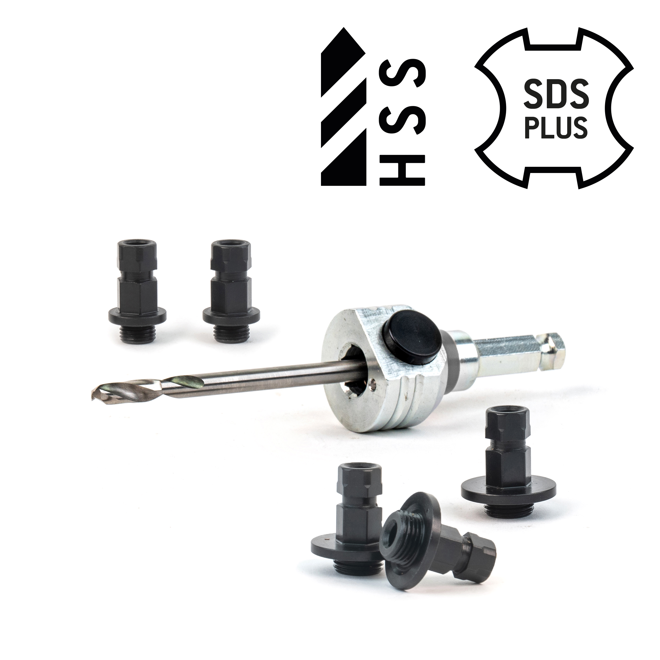 Schnellwechselaufnahme (komplett) SDS Plus-inkl. HSS Zentrierbohrer und Adapter (2x klein / 3x groß) Schnellwechselaufnahme (komplett) SDS Plus-inkl. HSS Zentrierbohrer und Adapter (2x klein / 3x groß)