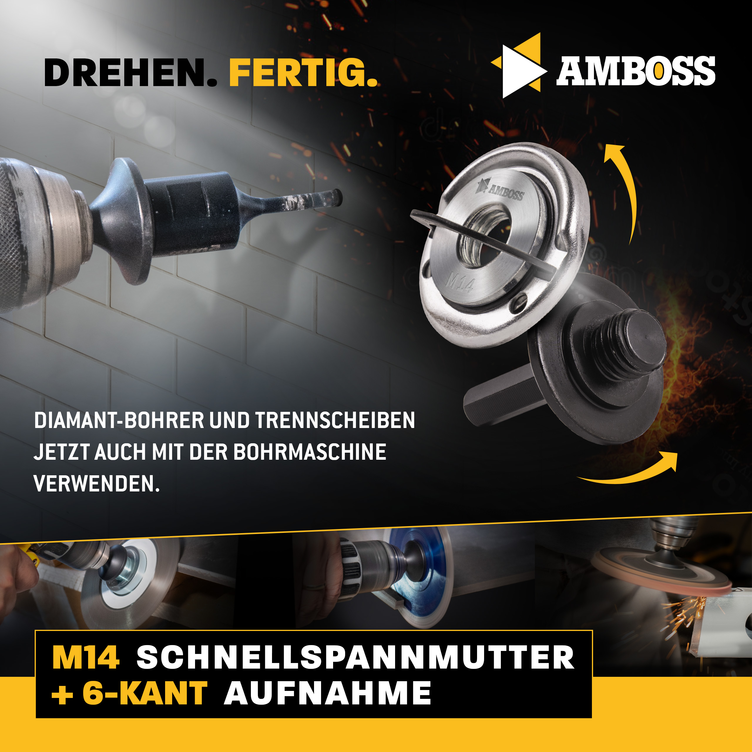 Sechskant-Aufnahme inkl. Schnellspannmutter für Trenn- und Schleifscheiben mit 22.23er Bohrung Sechskant-Aufnahme inkl. Schnellspannmutter für Trenn- und Schleifscheiben mit 22.23er Bohrung