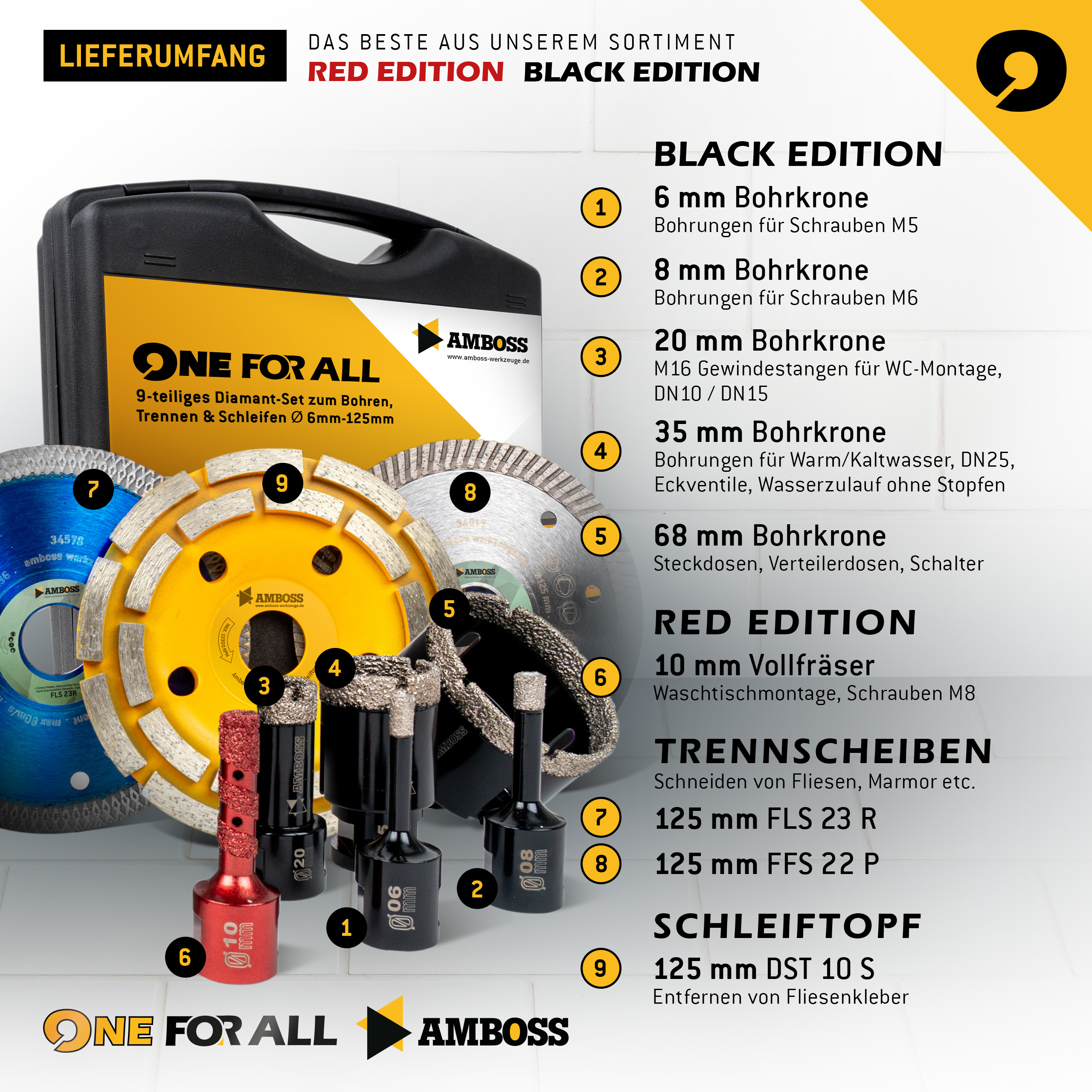 Amboss - Set Diamant-Lochsägen + Trennscheiben + Schleiftopf / One For All Set 9 / Ø 6 - 125 mm / perfekt für Sanierungen im Küchen- und Sanitärbereich / geeignet für Winkelschleifer Amboss - Set Diamant-Lochsägen + Trennscheiben + Schleiftopf / One For All Set 9 / Ø 6 - 125 mm / perfekt für Sanierungen im Küchen- und Sanitärbereich / geeignet für Winkelschleifer