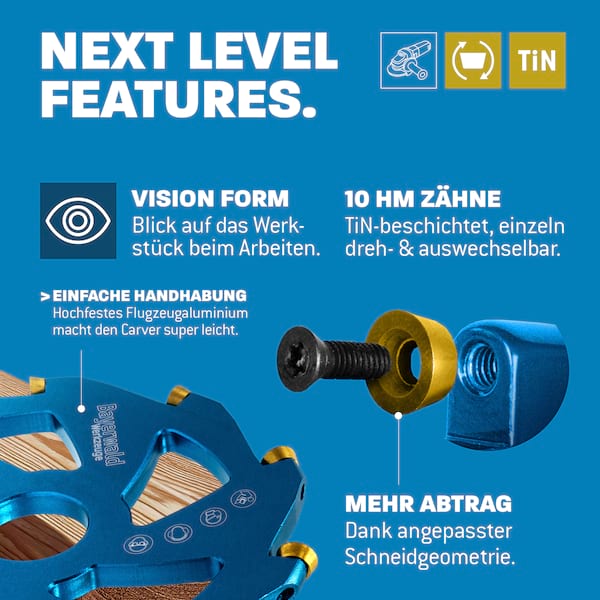 Bayerwald NeoCarver 10 Vision V2 - Hartmetall Frässcheibe für Holz - Holzschnitzfräser aus Aluminium für Winkelschleifer zum Trennen, Schleifen, Schruppen uvm. - Ø 115mm x 22,2 mm / 10 Zähne Bayerwald NeoCarver 10 Vision V2 - Hartmetall Frässcheibe für Holz - Holzschnitzfräser aus Aluminium für Winkelschleifer zum Trennen, Schleifen, Schruppen uvm. - Ø 115mm x 22,2 mm / 10 Zähne