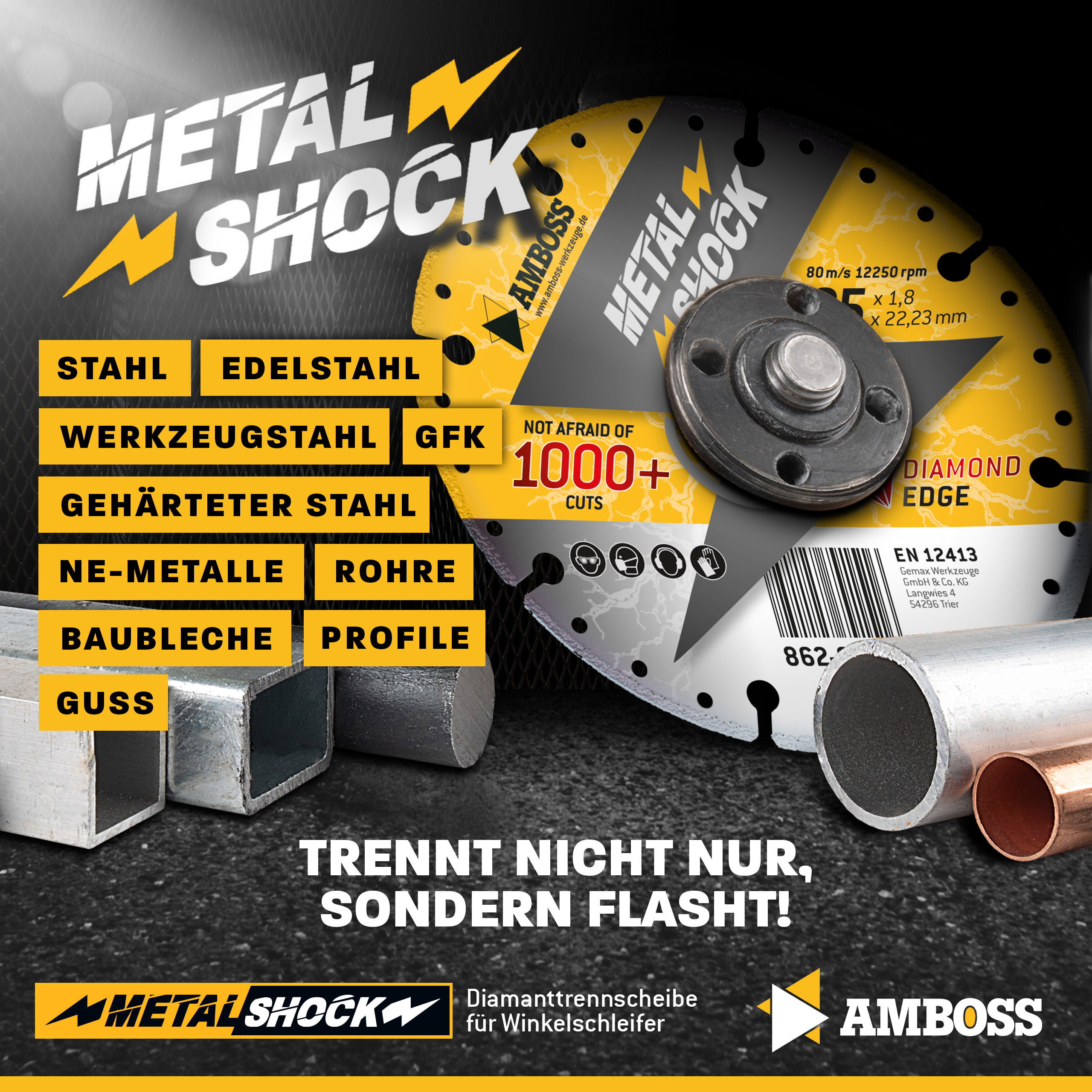 AMBOSS METAL SHOCK - Diamant Trennscheibe 125 x 2,2 x 22,23 mm - geeignet für Metall/Stahl/Inox - passend für Winkelschleifer AMBOSS METAL SHOCK - Diamant Trennscheibe 125 x 2,2 x 22,23 mm - geeignet für Metall/Stahl/Inox - passend für Winkelschleifer