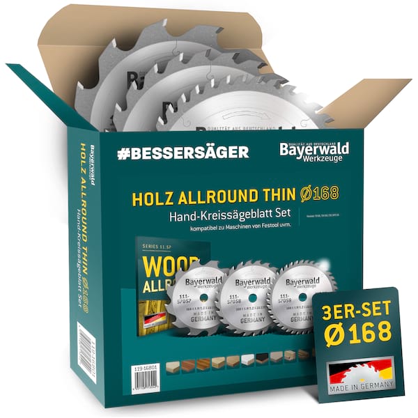 Bayerwald Kreissägeblatt Set Ø168 (3 tlg.) - für NE-Metall & Holz - geeignet für Akku-Handkreissägen von Festool uvm. Bayerwald Kreissägeblatt Set Ø168 (3 tlg.) - für NE-Metall & Holz - geeignet für Akku-Handkreissägen von Festool uvm.