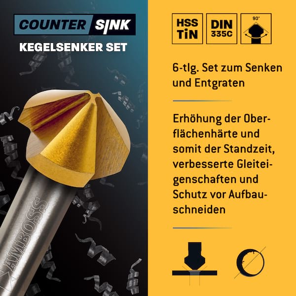 Kegelsenker Set 6tlg. 6,3 - 20,5 mm HSS TiN / DIN 335C / Amboss Werkzeuge Senker für Eisen, Stahl, Metall, NE-Metall, Holz, Kunststoff / Profi Senkkopfbohrer für Bohrmaschinen und Akkuschrauber Kegelsenker Set 6tlg. 6,3 - 20,5 mm HSS TiN / DIN 335C / Amboss Werkzeuge Senker für Eisen, Stahl, Metall, NE-Metall, Holz, Kunststoff / Profi Senkkopfbohrer für Bohrmaschinen und Akkuschrauber