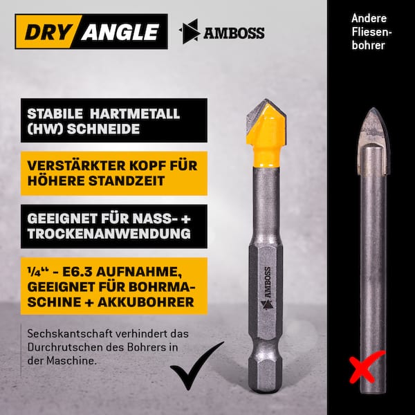 Amboss DryAngle Set Ø 4 / 5 / 6 / 8 / 10 mm - Fliesenbohrer Glasbohrer Keramikbohrer - Sechskantschaft für Bohrmaschinen - Glas / Wandfliesen / Dachziegel / Keramik bohren