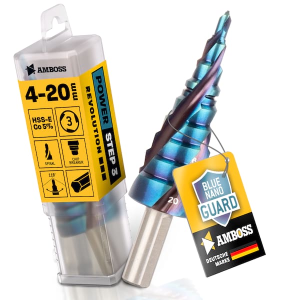Stufenbohrer Ø 4-20 mm / 9 Stufen Konusbohrer / 10 mm Schaft / Profi Metallbohrer Kegelbohrer HSS-E Co 5% / Amboss PowerStep 3 mit TiAlSiN Blue Nano Guard / Lochbohrer geeignet für Metall, Holz, Kunststoff Stufenbohrer Ø 4-20 mm / 9 Stufen Konusbohrer / 10 mm Schaft / Profi Metallbohrer Kegelbohrer HSS-E Co 5% / Amboss PowerStep 3 mit TiAlSiN Blue Nano Guard / Lochbohrer geeignet für Metall, Holz, Kunststoff
