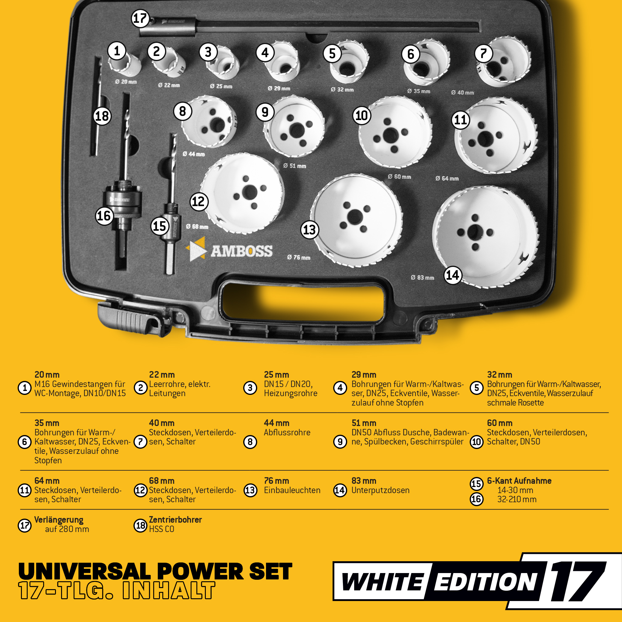 Amboss BiMetall Lochsägen Set White Edition 17 - M42 Power Set 17tlg. Ø20 bis 83 mm Amboss BiMetall Lochsägen Set White Edition 17 - M42 Power Set 17tlg. Ø20 bis 83 mm