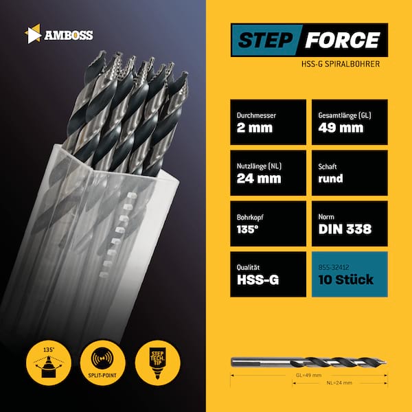 10 x HSS G STEP Force Metallbohrer DIN 338 - Ø:2 mm 10 x HSS G STEP Force Metallbohrer DIN 338 - Ø:2 mm