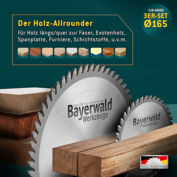 Bayerwald Kreissägeblatt Set Ø160 (3 tlg.) - für Holz Allround - geeignet für Handkreissägen von Bosch, Makita, Metabo uvm. Bayerwald Kreissägeblatt Set Ø160 (3 tlg.) - für Holz Allround - geeignet für Handkreissägen von Bosch, Makita, Metabo uvm.