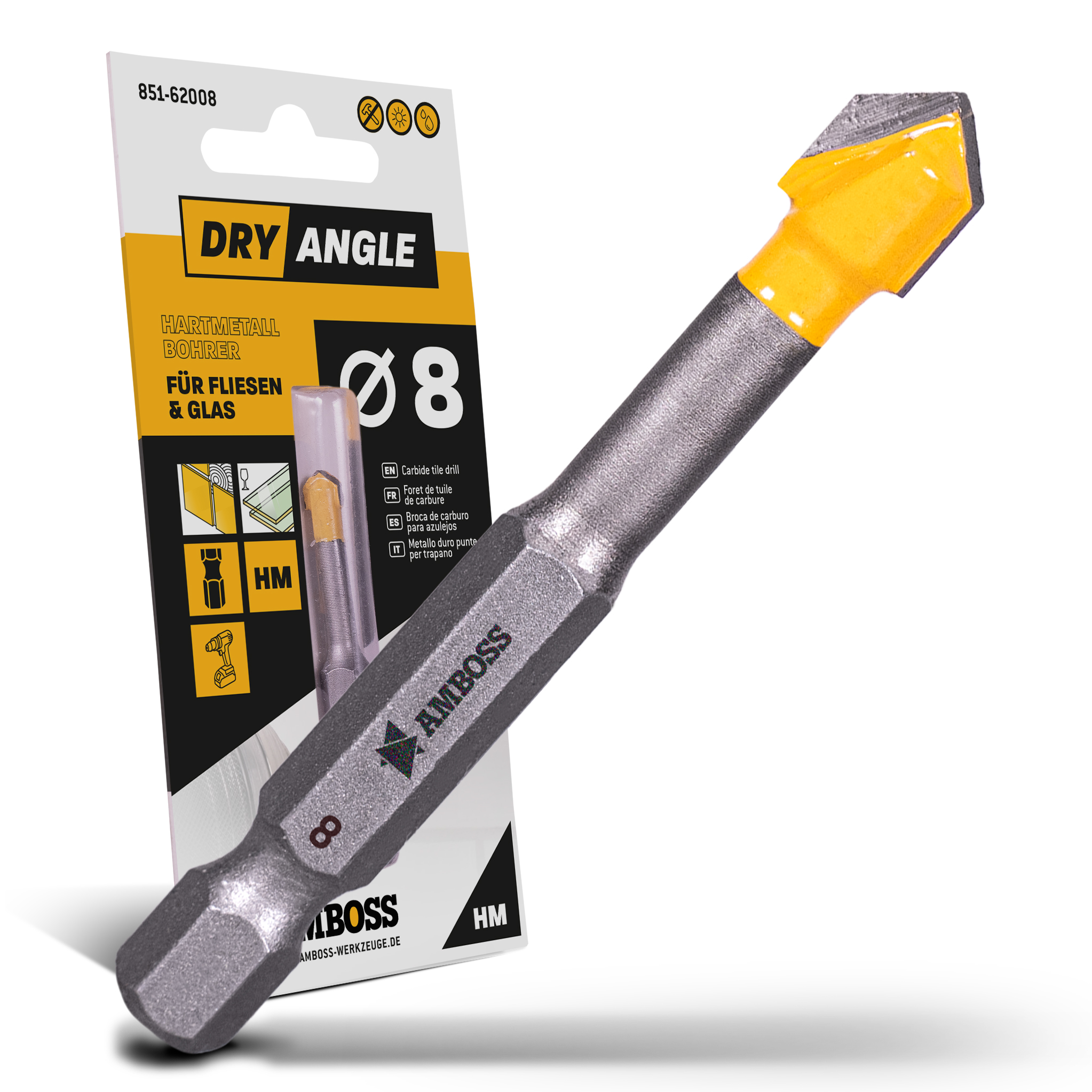 Amboss Dry Angle HM Fliesen- und Glasbohrer - Ø 8 mm - GL: 58 mm Amboss Dry Angle HM Fliesen- und Glasbohrer - Ø 8 mm - GL: 58 mm