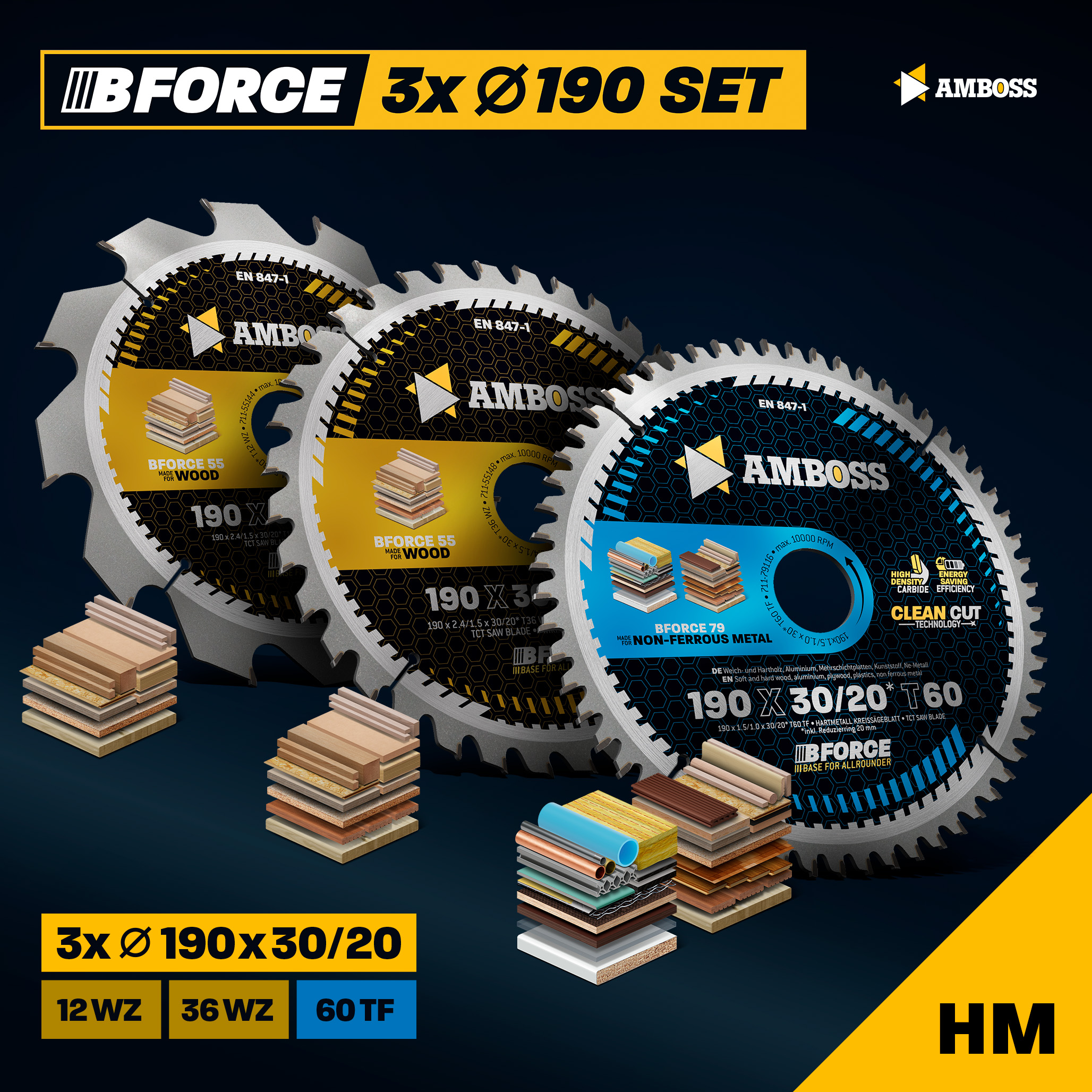 Ø190 Hand- Kreissägeblatt Set passend für Bosch GKS 190, Bosch PKS 66 A. Metabo KS66. Makita 5705R