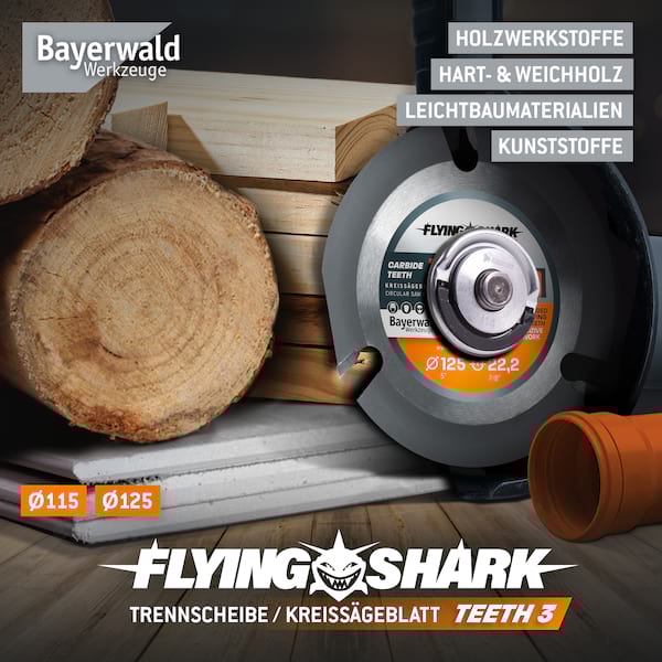 Bayerwald Flying Shark Ø 125mm (3 Zähne) Holz Sägeblatt - Schnitzen, Entrinden - für schnellste Schnitte Bayerwald Flying Shark Ø 125mm (3 Zähne) Holz Sägeblatt - Schnitzen, Entrinden - für schnellste Schnitte