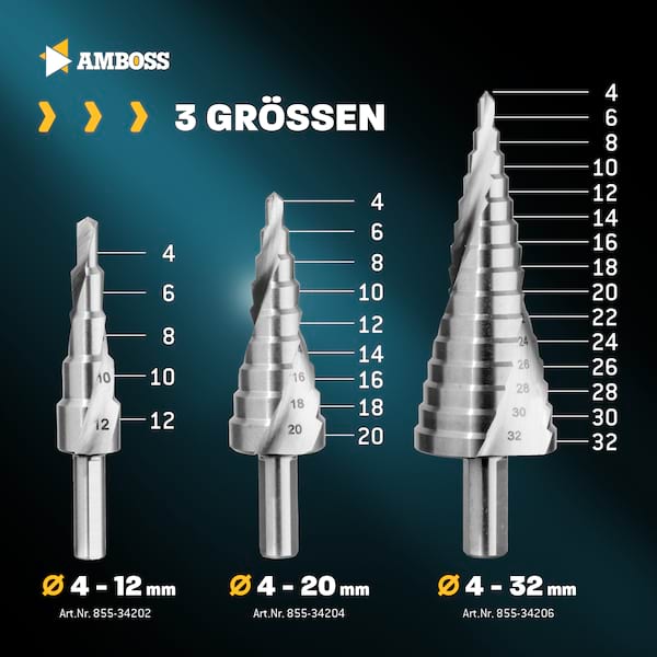 Stufenbohrer Set Ø 4-12 + 4-20 + 4-32 mm / Konusbohrer/ 10 mm Schaft / Profi Metallbohrer Kegelbohrer Set HSS / Amboss PowerStep 2 / Lochbohrer geeignet für Metall, Holz, Kunststoff Stufenbohrer Set Ø 4-12 + 4-20 + 4-32 mm / Konusbohrer/ 10 mm Schaft / Profi Metallbohrer Kegelbohrer Set HSS / Amboss PowerStep 2 / Lochbohrer geeignet für Metall, Holz, Kunststoff