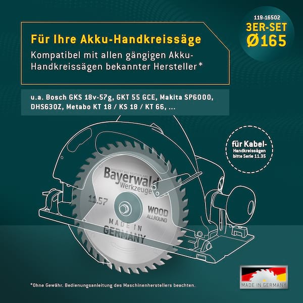 Bayerwald Kreissägeblatt Set Ø160 (3 tlg.) - für Holz Allround - geeignet für Handkreissägen von Bosch, Makita, Metabo uvm. Bayerwald Kreissägeblatt Set Ø160 (3 tlg.) - für Holz Allround - geeignet für Handkreissägen von Bosch, Makita, Metabo uvm.