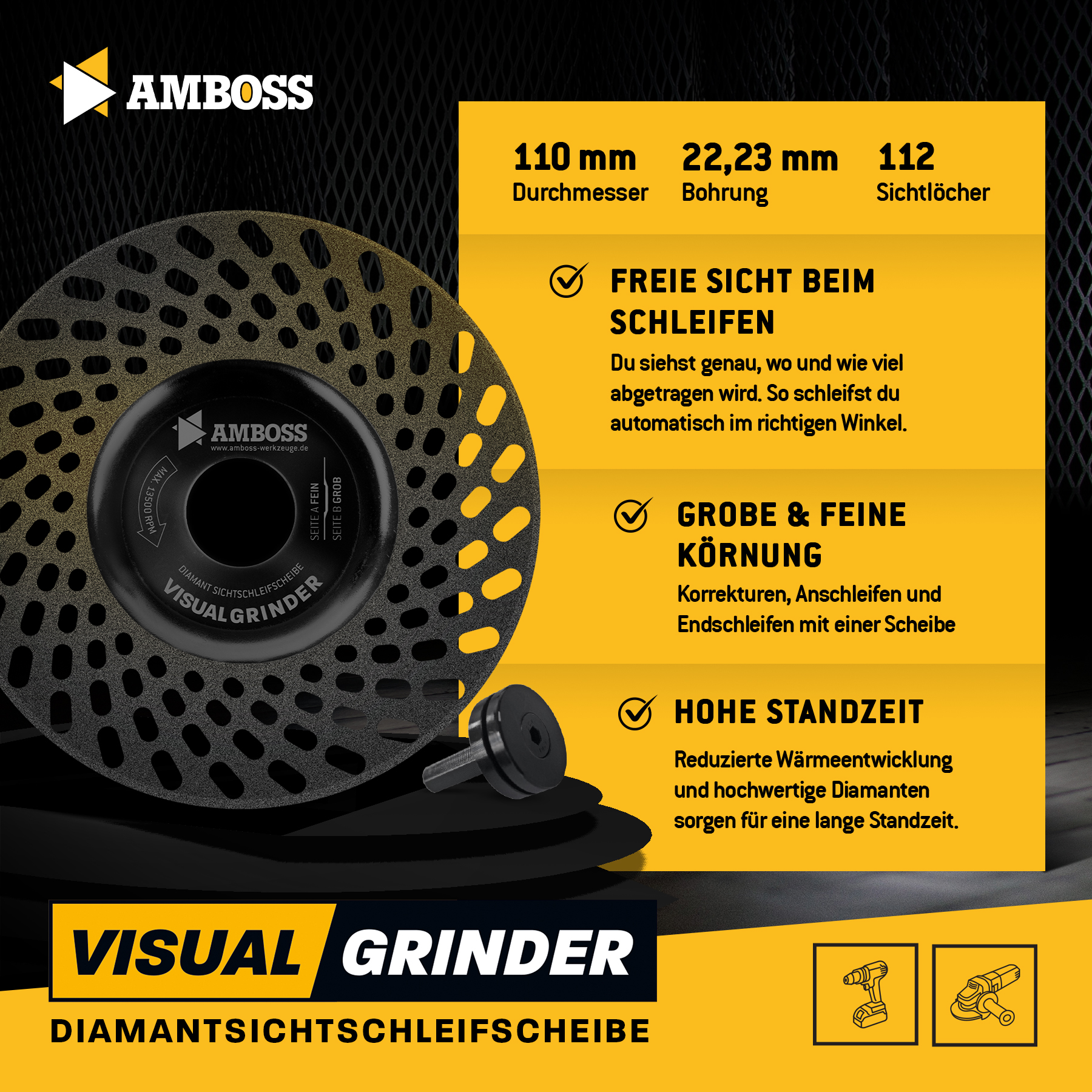 Amboss Diamant-Sichtschleifscheibe Visual Grinder für Winkelschleifer / Schärfen von Messern, Bohrern, Fräsern / Anschleifen von Stein, Gips, Putz, Beton / Ø 110 mm - Bohrung 22,2 mm Amboss Diamant-Sichtschleifscheibe Visual Grinder für Winkelschleifer / Schärfen von Messern, Bohrern, Fräsern / Anschleifen von Stein, Gips, Putz, Beton / Ø 110 mm - Bohrung 22,2 mm