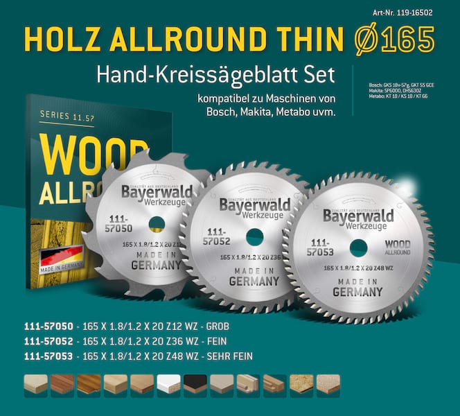 Bayerwald Kreissägeblatt Set Ø160 (3 tlg.) - für Holz Allround - geeignet für Handkreissägen von Bosch, Makita, Metabo uvm. Bayerwald Kreissägeblatt Set Ø160 (3 tlg.) - für Holz Allround - geeignet für Handkreissägen von Bosch, Makita, Metabo uvm.