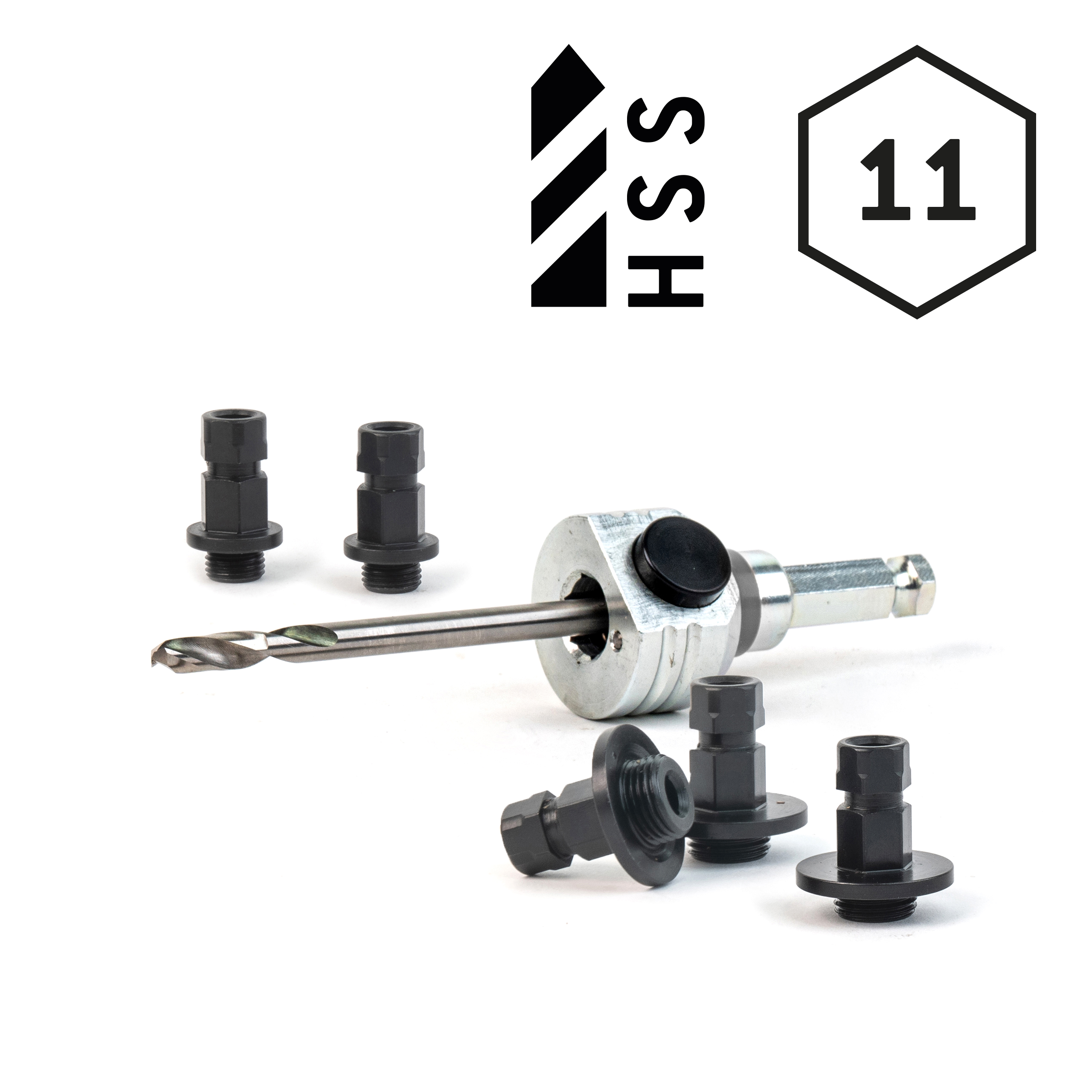 Schnellwechselaufnahme (komplett) 6kant Schaft Ø11 mm-inkl. HSS Zentrierbohrer und Adapter (2x klein / 3x groß) Schnellwechselaufnahme (komplett) 6kant Schaft Ø11 mm-inkl. HSS Zentrierbohrer und Adapter (2x klein / 3x groß)