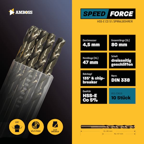 10 x HSS ECo SPEED Force Metallbohrer DIN 338 - Ø:4.5 mm 10 x HSS ECo SPEED Force Metallbohrer DIN 338 - Ø:4.5 mm