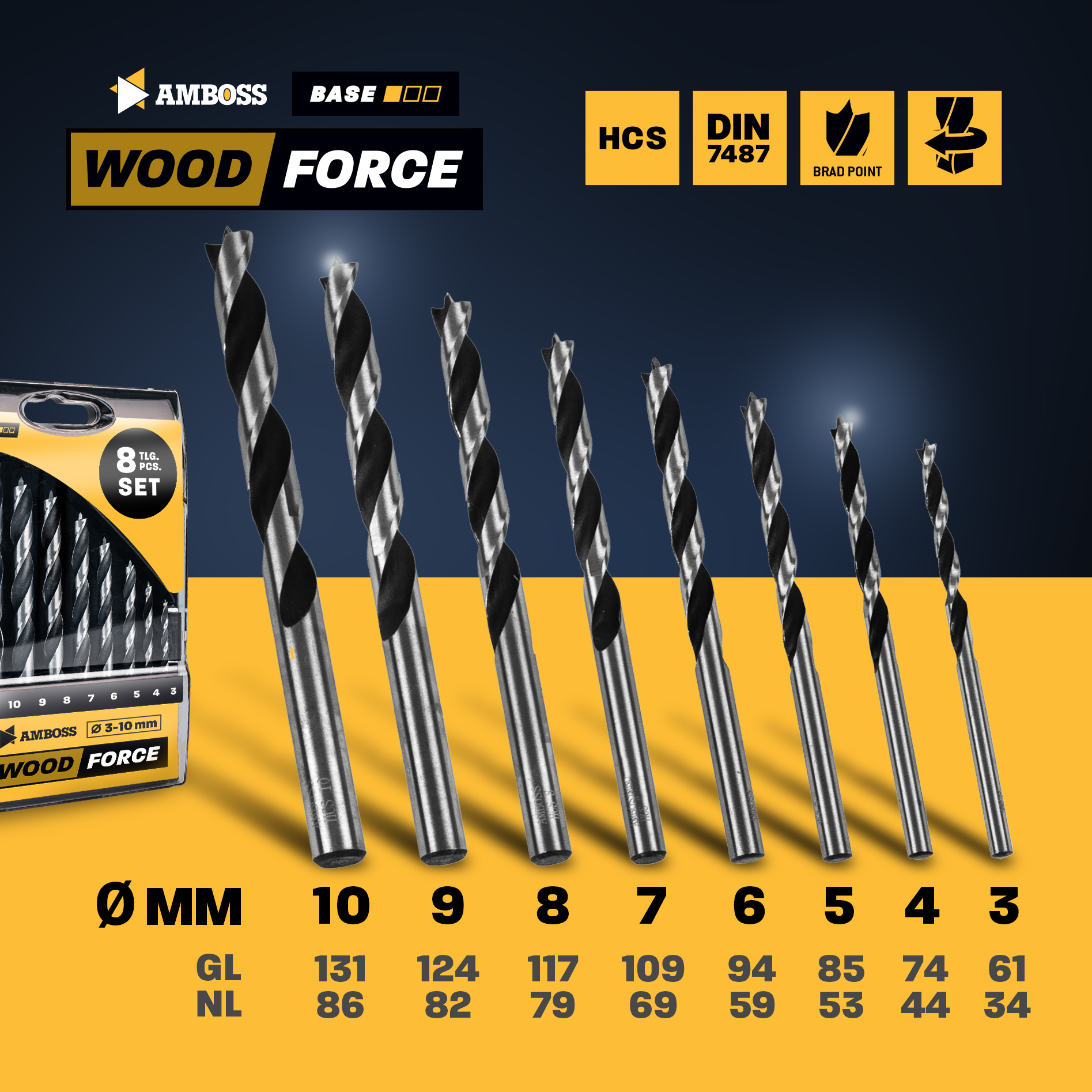 Holzbohrer Set 8-teilig Ø 3mm / 4mm / 5mm / 6mm / 7mm / 8mm / 9mm / 10mm - AMBOSS Werkzeuge Wood Force - Bohrerset für Holz bohren, Plastik bohren - Rundschaft Holzbohrer-Set