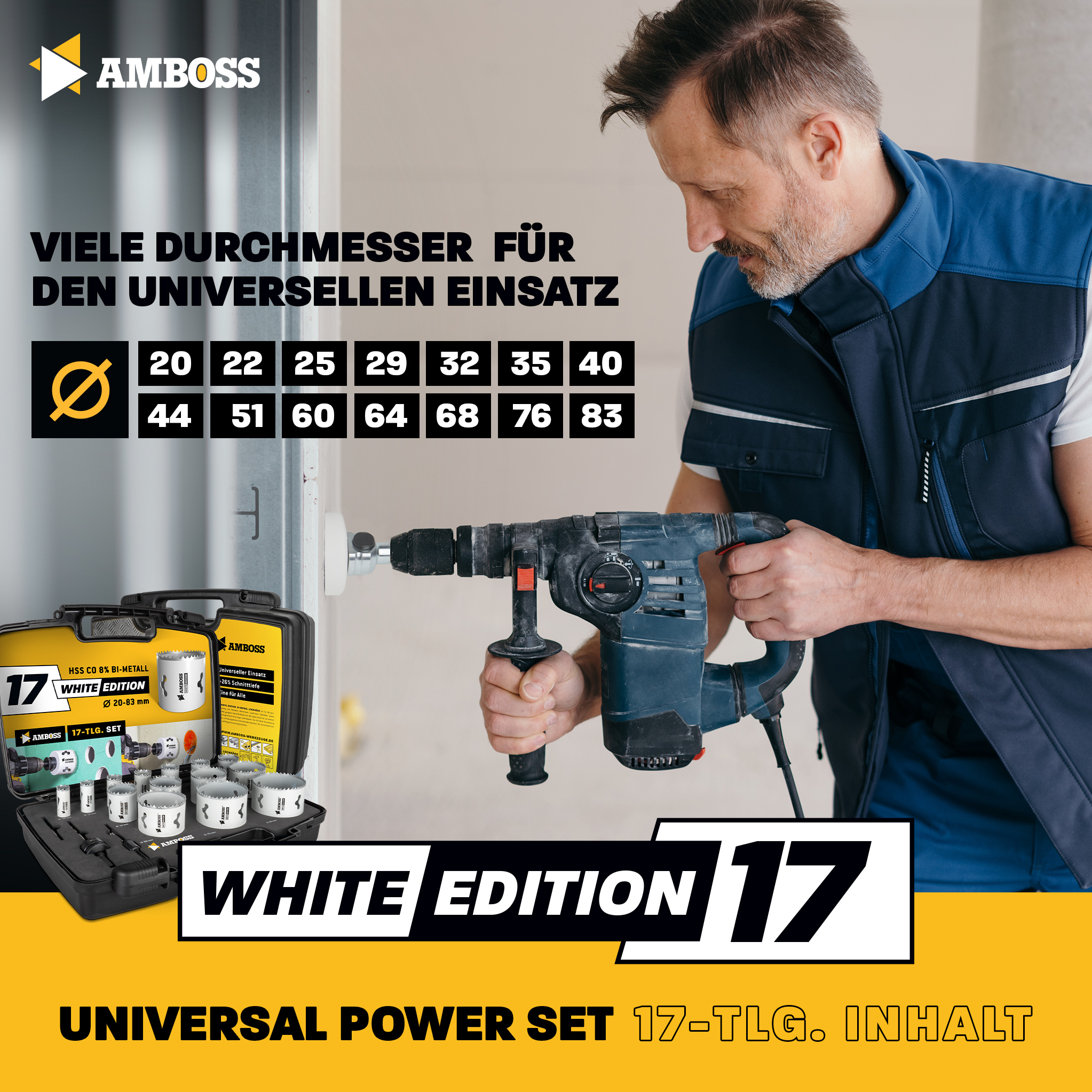 Amboss BiMetall Lochsägen Set White Edition 17 - M42 Power Set 17tlg. Ø20 bis 83 mm Amboss BiMetall Lochsägen Set White Edition 17 - M42 Power Set 17tlg. Ø20 bis 83 mm