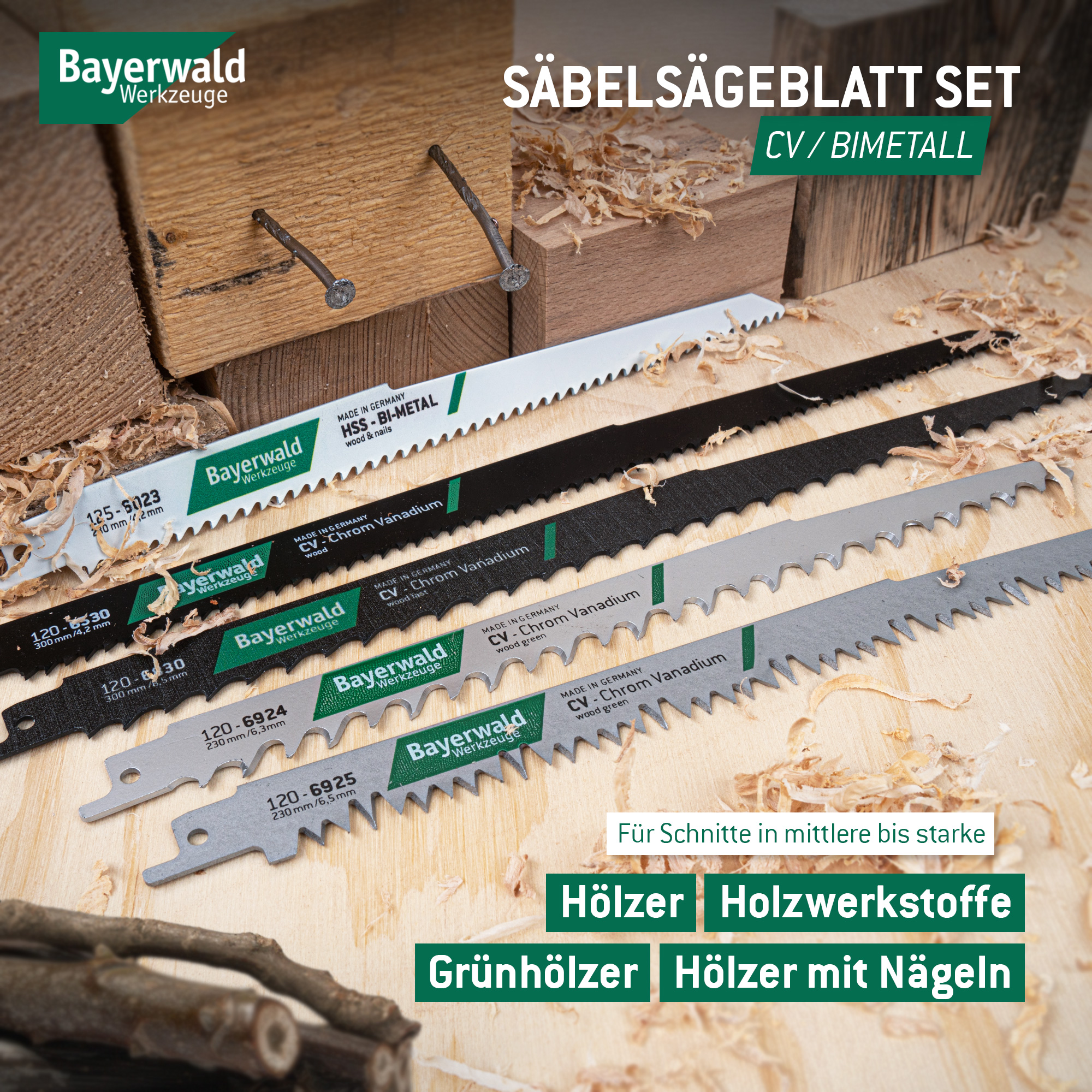 Säbelsägeblatt Set 5tlg. für Holz, Holzwerkstoffe, Äste / Bayerwald Werkzeuge / geeignet für mittlere bis grobe Schnitte (3-6 ZpZ) / Universalschaft