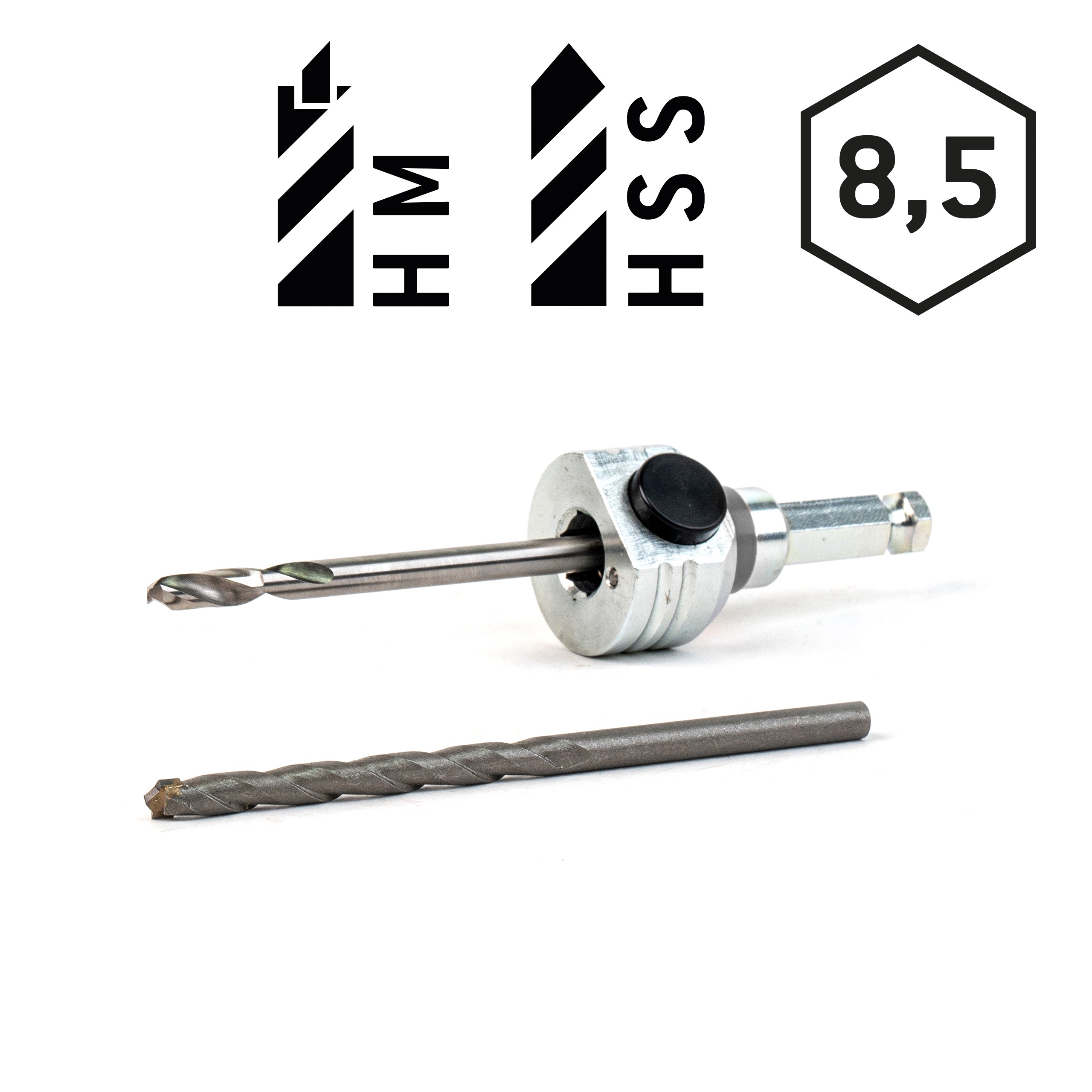 Schnellwechselaufnahme 6kant Schaft Ø8,5mm inkl. HM und HSS Zentrierbohrer Schnellwechselaufnahme 6kant Schaft Ø8,5mm inkl. HM und HSS Zentrierbohrer