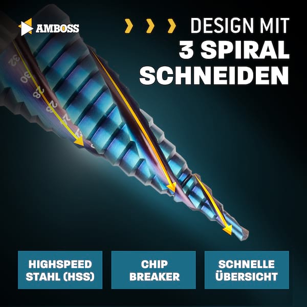 Stufenbohrer Ø 4-32 mm / 15 Stufen Konusbohrer / 10 mm Schaft / Profi Metallbohrer Kegelbohrer HSS-E Co 5% / Amboss PowerStep 3 mit TiAlSiN Blue Nano Guard / Lochbohrer geeignet für Metall, Holz, Kunststoff Stufenbohrer Ø 4-32 mm / 15 Stufen Konusbohrer / 10 mm Schaft / Profi Metallbohrer Kegelbohrer HSS-E Co 5% / Amboss PowerStep 3 mit TiAlSiN Blue Nano Guard / Lochbohrer geeignet für Metall, Holz, Kunststoff