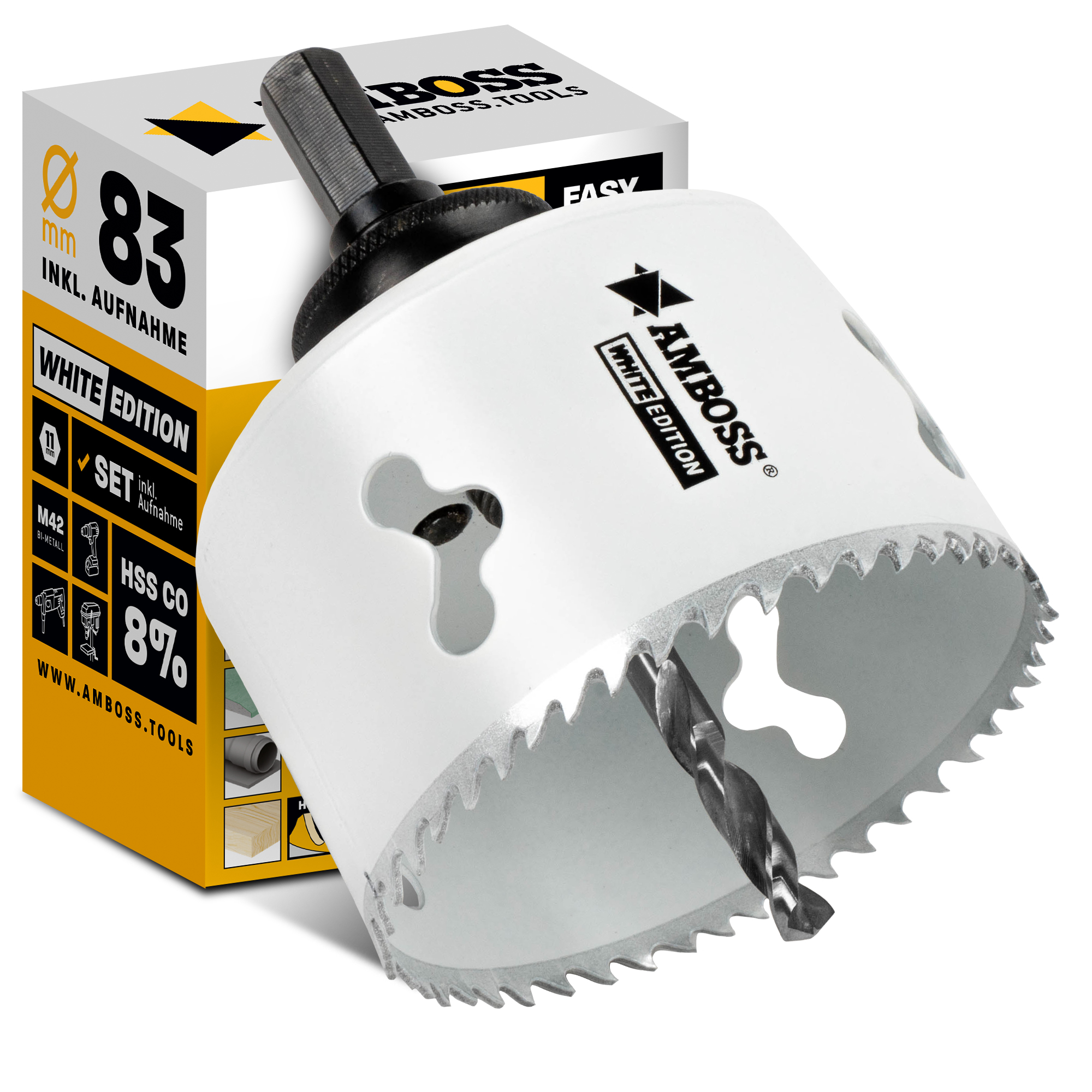 Lochsäge 83 mm - Amboss Bi-Metall (inkl. 6-kant Standard-Aufnahme) ideal für Hohlwanddose, LED-Spot, Steckdose in Gipskarton/Holz Lochsäge 83 mm - Amboss Bi-Metall (inkl. 6-kant Standard-Aufnahme) ideal für Hohlwanddose, LED-Spot, Steckdose in Gipskarton/Holz