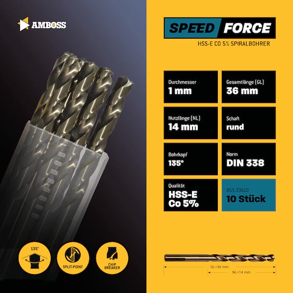 10 x HSS ECo SPEED Force Metallbohrer DIN 338 - Ø:1 mm 10 x HSS ECo SPEED Force Metallbohrer DIN 338 - Ø:1 mm