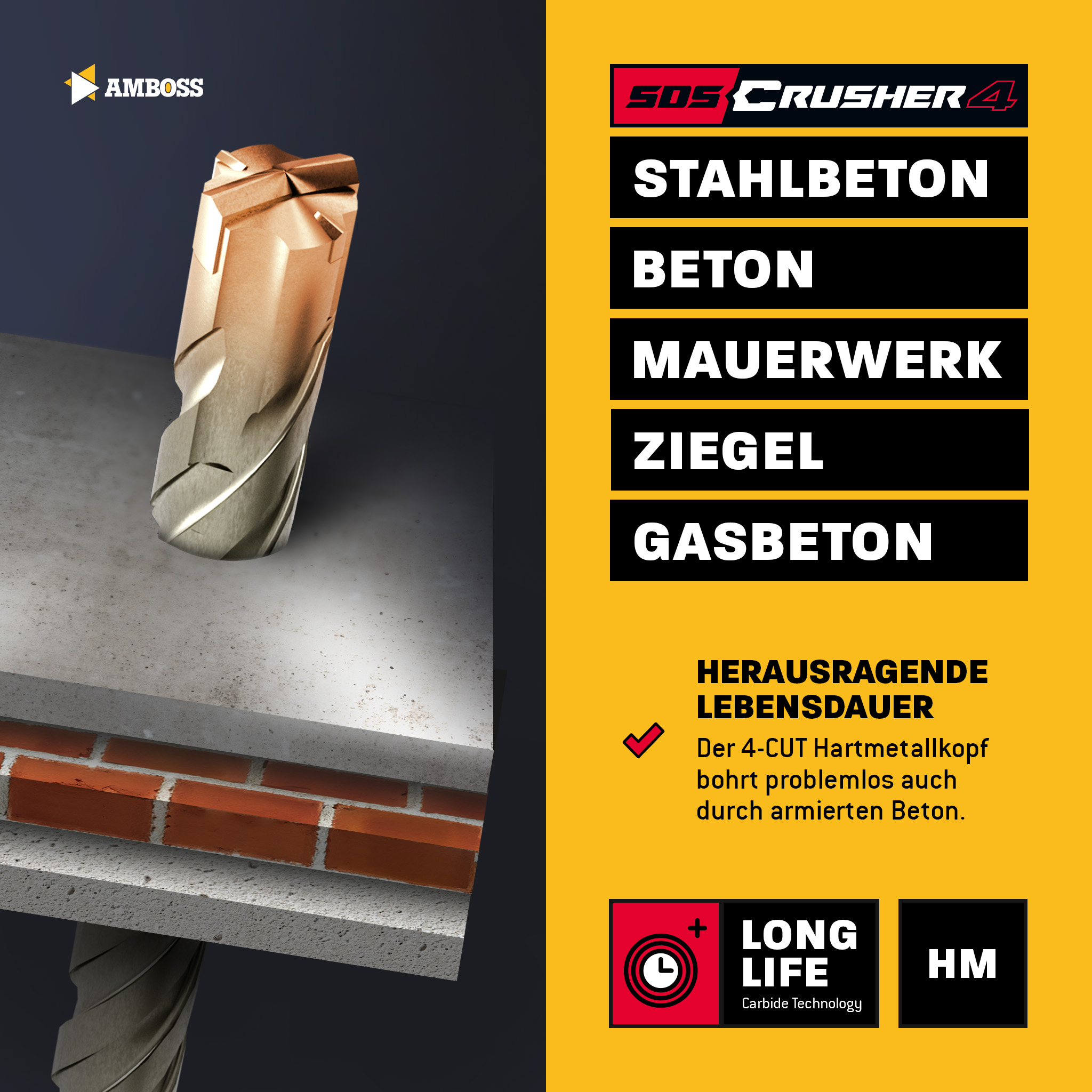SDS Plus Hammerbohrer Set 7tlg. 4X Schneiden PGM Ø 5-12mm x 160mm - AMBOSS Werkzeuge SDS Crusher 4 - HM Betonbohrer Hartmetall Profi Bohrer  - Stahlbeton Steinbohrer Beton Mauerwerk Ziegel Kalksandstein