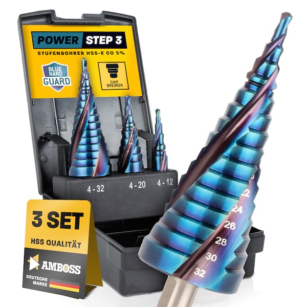 Stufenbohrer Set Ø 4-12 + 4-20 + 4-32 mm / 5 Stufen Konusbohrer / 10 mm Schaft / 3 Stck. Profi Metallbohrer Kegelbohrer HSS-E Co 5% / Amboss PowerStep 3 mit TiAlSiN Blue Nano Guard / Lochbohrer geeignet für Metall, Holz, Kunststoff Stufenbohrer Set Ø 4-12 + 4-20 + 4-32 mm / 5 Stufen Konusbohrer / 10 mm Schaft / 3 Stck. Profi Metallbohrer Kegelbohrer HSS-E Co 5% / Amboss PowerStep 3 mit TiAlSiN Blue Nano Guard / Lochbohrer geeignet für Metall, Holz, Kunststoff