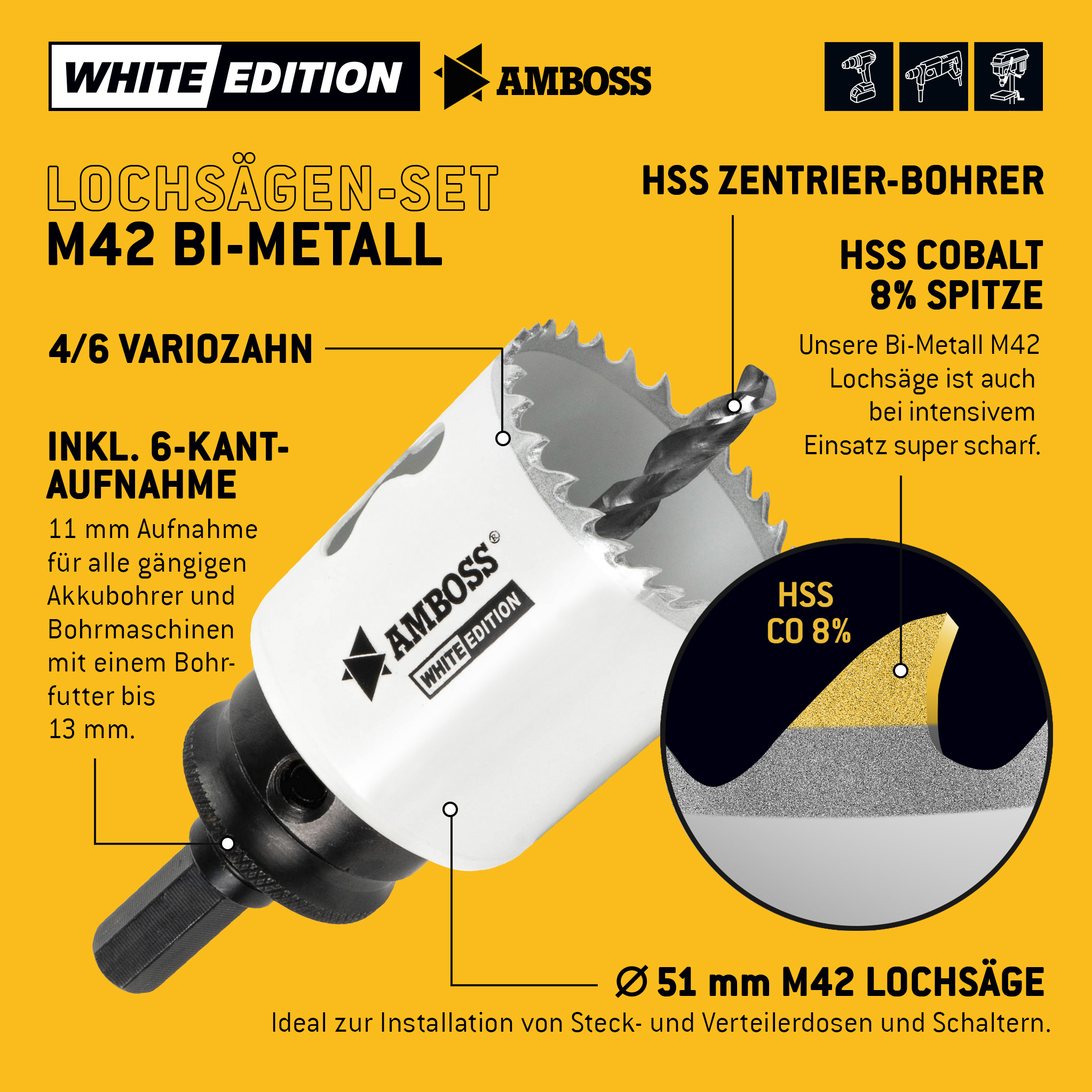 AMBOSS M42 Bimetall Lochsäge 51mm + Aufnahme AMBOSS M42 Bimetall Lochsäge 51mm + Aufnahme