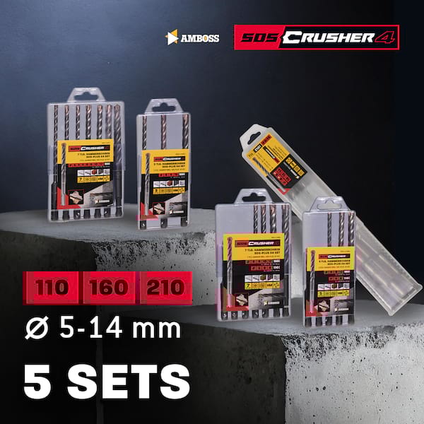 SDS Plus Hammerbohrer Set 7tlg. 4X Schneiden PGM Ø 6-14mm x 210mm - AMBOSS Werkzeuge SDS Crusher 4 - HM Betonbohrer Hartmetall Profi Bohrer  - Stahlbeton Steinbohrer Beton Mauerwerk Ziegel Kalksandstein SDS Plus Hammerbohrer Set 7tlg. 4X Schneiden PGM Ø 6-14mm x 210mm - AMBOSS Werkzeuge SDS Crusher 4 - HM Betonbohrer Hartmetall Profi Bohrer  - Stahlbeton Steinbohrer Beton Mauerwerk Ziegel Kalksandstein