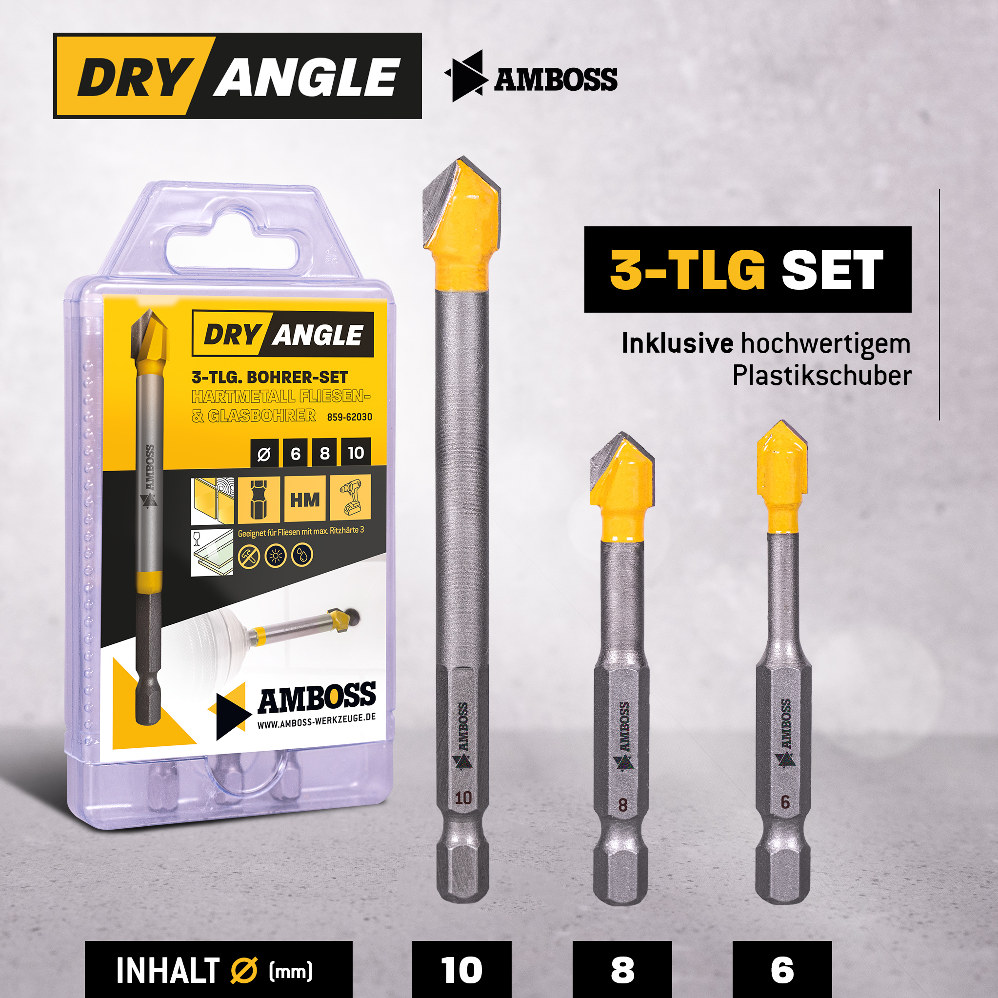 Amboss DryAngle Set Ø 6 / 8 / 10 mm - Fliesenbohrer Glasbohrer Keramikbohrer - Sechskantschaft für Bohrmaschinen - Glas / Wandfliesen / Dachziegel / Keramik bohren Amboss DryAngle Set Ø 6 / 8 / 10 mm - Fliesenbohrer Glasbohrer Keramikbohrer - Sechskantschaft für Bohrmaschinen - Glas / Wandfliesen / Dachziegel / Keramik bohren