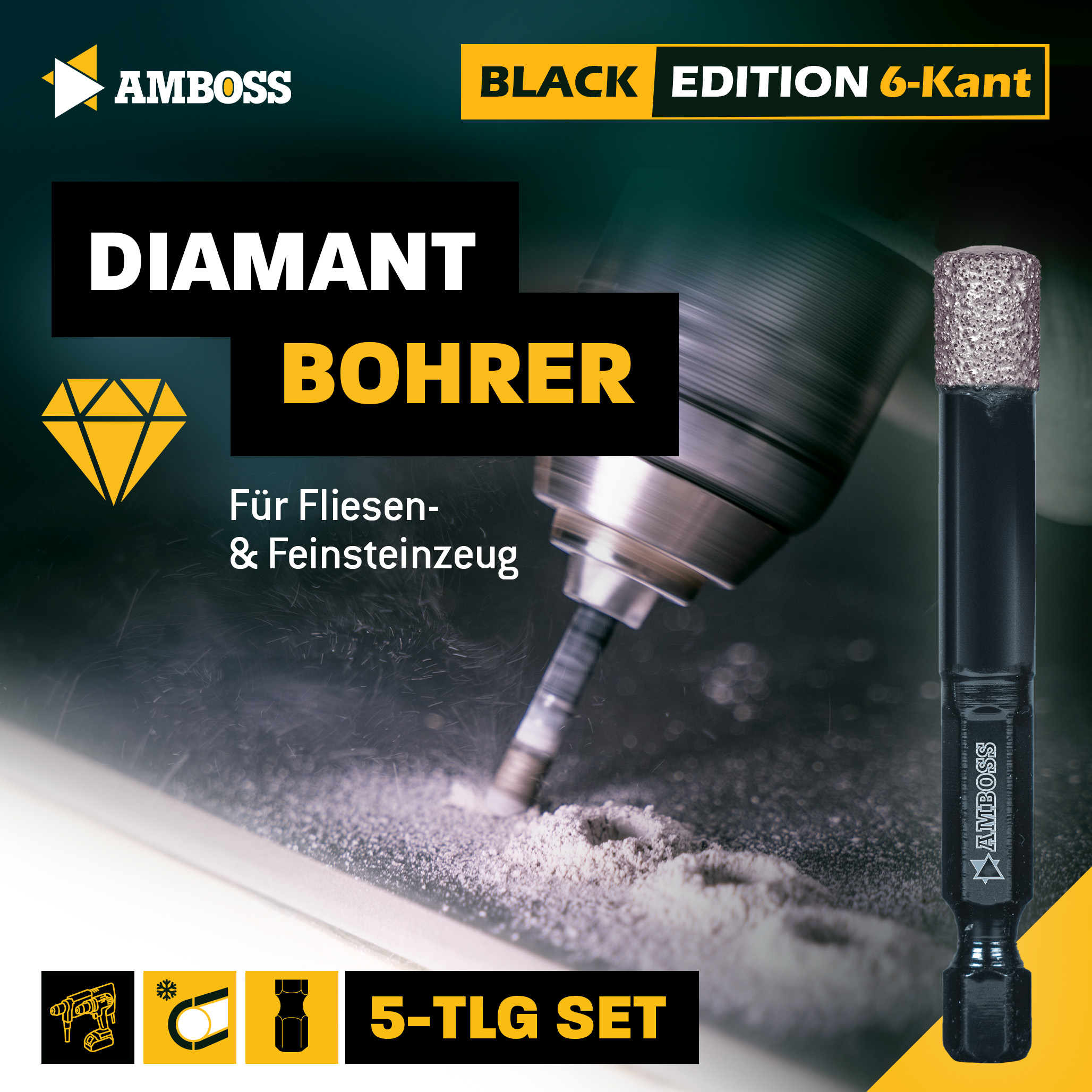 Fliesenbohrer Set Ø 5, 6, 8, 10, 12 mm (5 tlg.) /Sechskant Aufnahme - Amboss Black Edition Diamantbohrer - Fliesen, Feinsteinzeug, Keramik, Granitplatten - für Bohrmaschine/Akkubohrer Fliesenbohrer Set Ø 5, 6, 8, 10, 12 mm (5 tlg.) /Sechskant Aufnahme - Amboss Black Edition Diamantbohrer - Fliesen, Feinsteinzeug, Keramik, Granitplatten - für Bohrmaschine/Akkubohrer