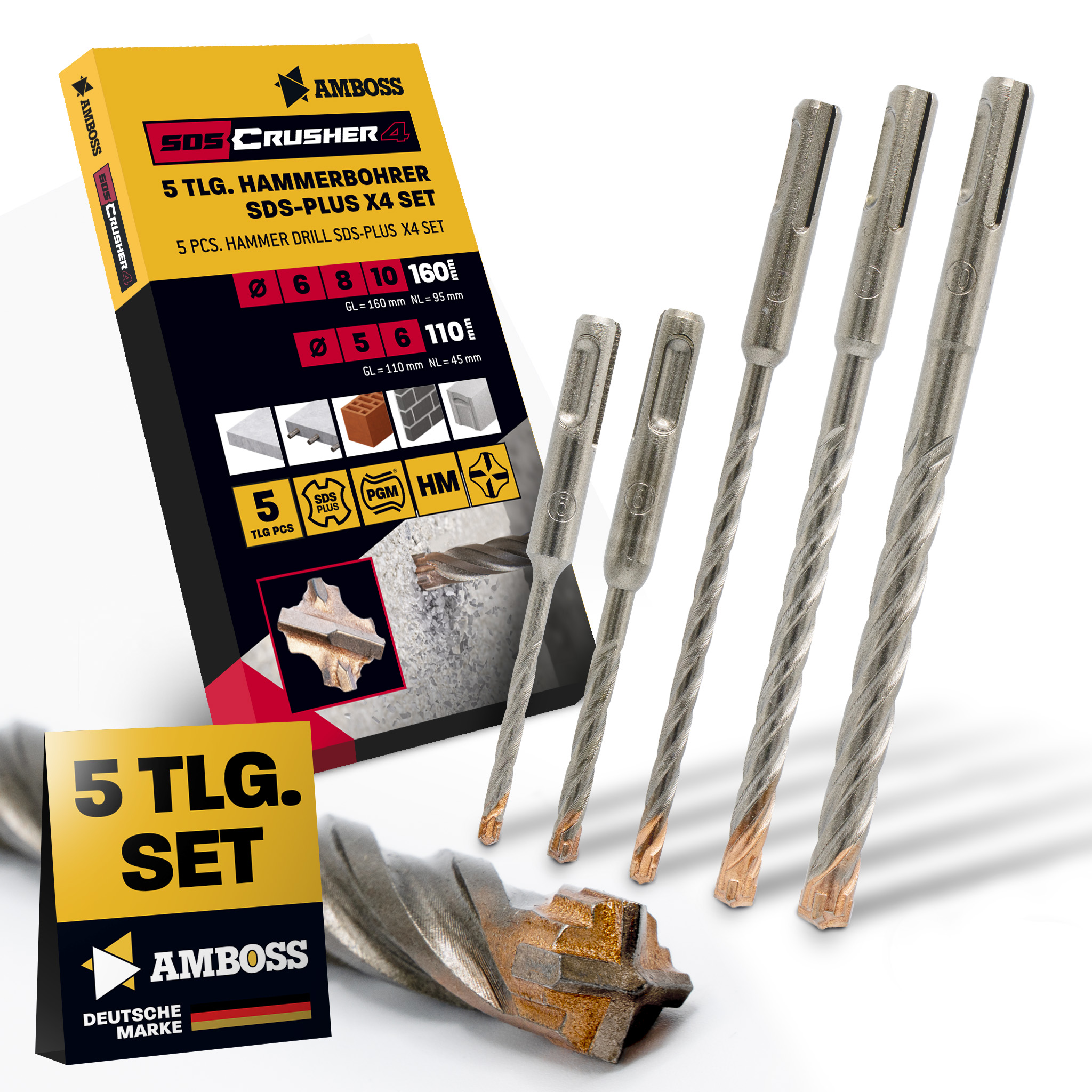 SDS Plus Hammerbohrer Set 5tlg. 4X Schneiden PGM Ø 5-10mm x 110/160mm - AMBOSS Werkzeuge SDS Crusher 4 - HM Betonbohrer Hartmetall Profi Bohrer  - Stahlbeton Steinbohrer Beton Mauerwerk Ziegel Kalksandstein