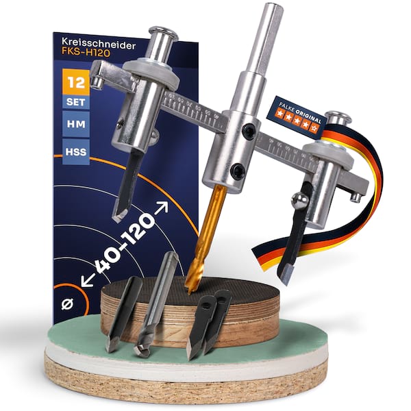Falke Kreisschneider FKS-H 120 - Universal für Holz, Kunststoff, Gipskarton | Durchmesser stufenlos einstellbar (40-120 mm) - Verstellbare Lochsäge Falke Kreisschneider FKS-H 120 - Universal für Holz, Kunststoff, Gipskarton | Durchmesser stufenlos einstellbar (40-120 mm) - Verstellbare Lochsäge