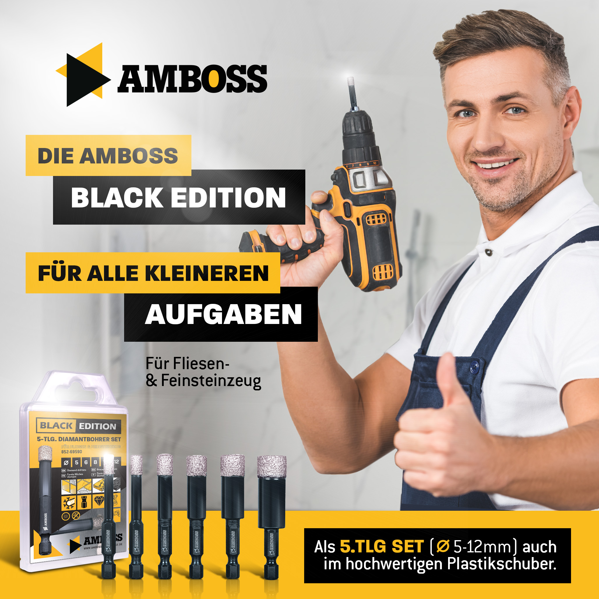 Fliesenbohrer Set Ø 5, 6, 8, 10, 12 mm (5 tlg.) /Sechskant Aufnahme - Amboss Black Edition Diamantbohrer - Fliesen, Feinsteinzeug, Keramik, Granitplatten - für Bohrmaschine/Akkubohrer Fliesenbohrer Set Ø 5, 6, 8, 10, 12 mm (5 tlg.) /Sechskant Aufnahme - Amboss Black Edition Diamantbohrer - Fliesen, Feinsteinzeug, Keramik, Granitplatten - für Bohrmaschine/Akkubohrer