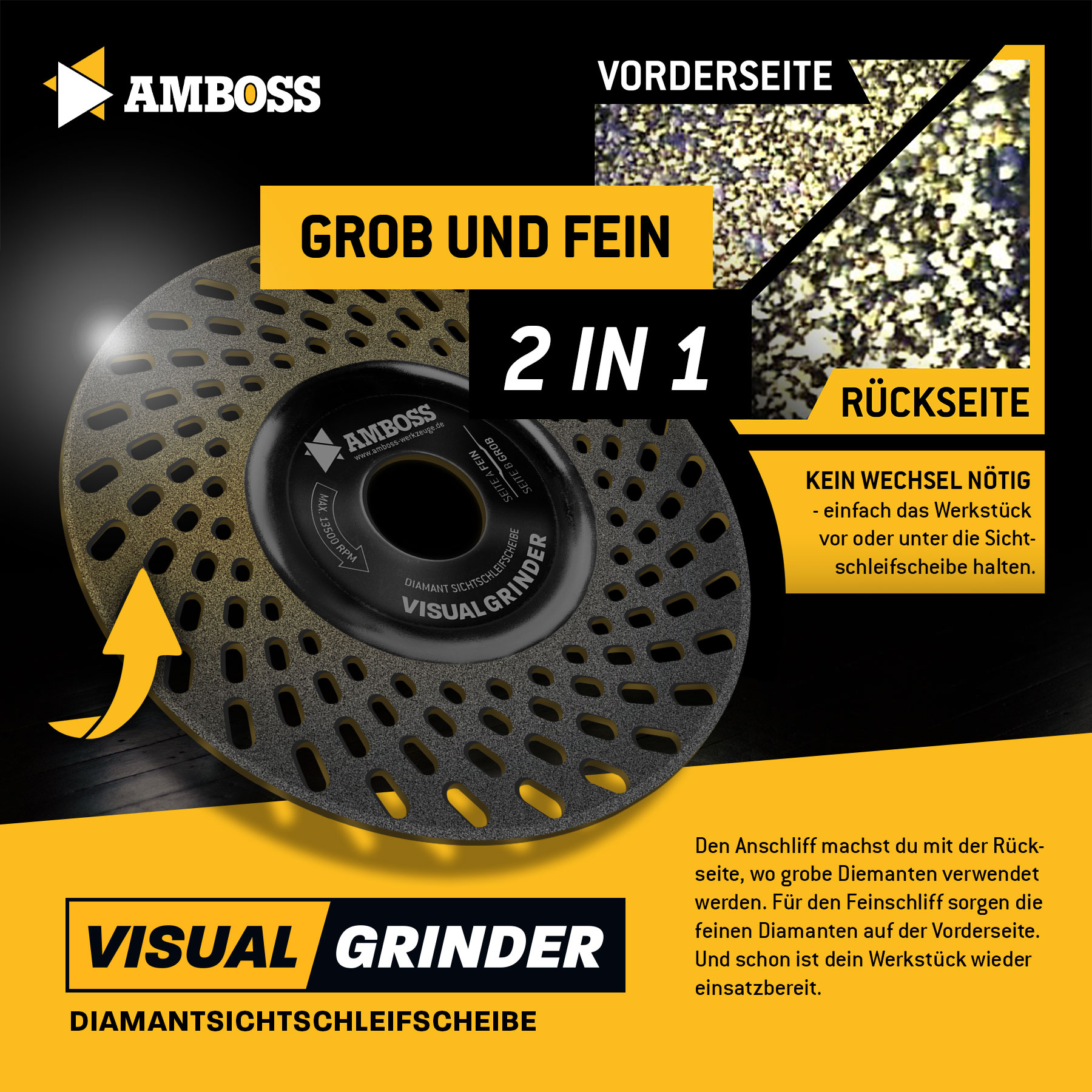 Amboss Diamant-Sichtschleifscheibe Visual Grinder für Winkelschleifer / Schärfen von Messern, Bohrern, Fräsern / Anschleifen von Stein, Gips, Putz, Beton / Ø 110 mm - Bohrung 22,2 mm