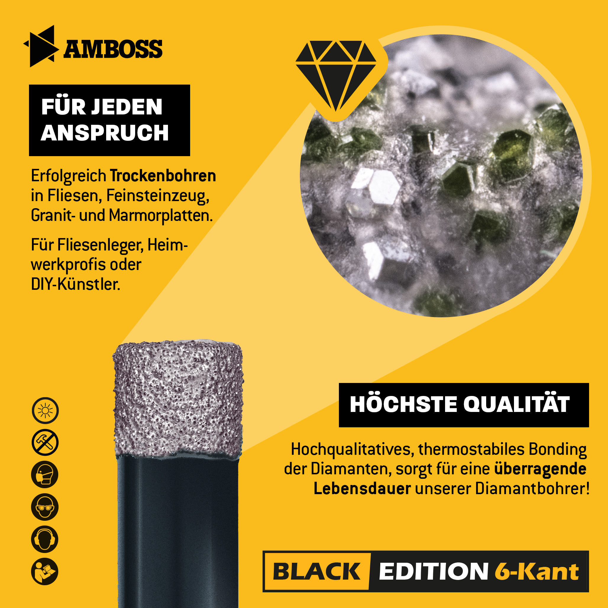 Fliesenbohrer Set Ø 5, 6, 8, 10, 12 mm (5 tlg.) /Sechskant Aufnahme - Amboss Black Edition Diamantbohrer - Fliesen, Feinsteinzeug, Keramik, Granitplatten - für Bohrmaschine/Akkubohrer Fliesenbohrer Set Ø 5, 6, 8, 10, 12 mm (5 tlg.) /Sechskant Aufnahme - Amboss Black Edition Diamantbohrer - Fliesen, Feinsteinzeug, Keramik, Granitplatten - für Bohrmaschine/Akkubohrer