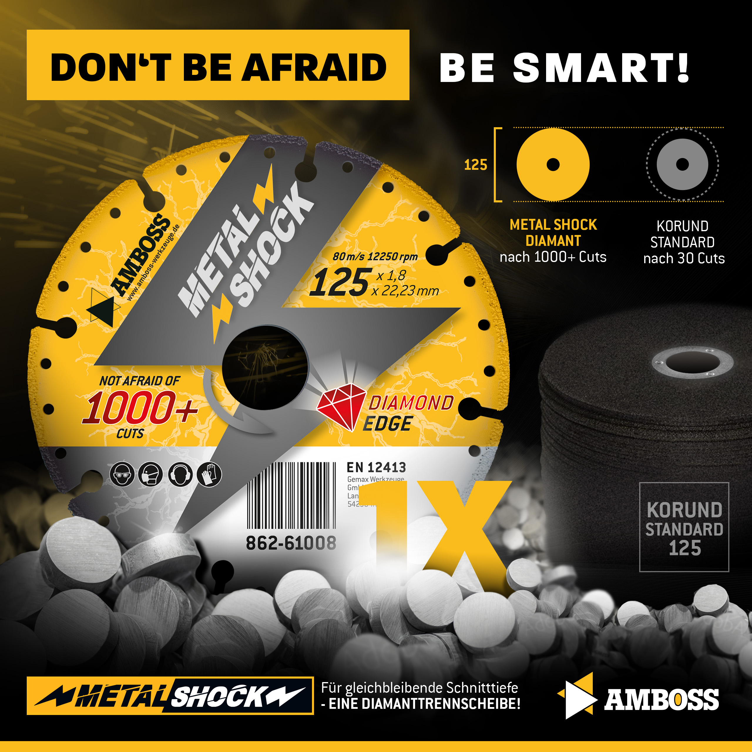 AMBOSS METAL SHOCK - Diamant Trennscheibe 125 x 2,2 x 22,23 mm - geeignet für Metall/Stahl/Inox - passend für Winkelschleifer AMBOSS METAL SHOCK - Diamant Trennscheibe 125 x 2,2 x 22,23 mm - geeignet für Metall/Stahl/Inox - passend für Winkelschleifer