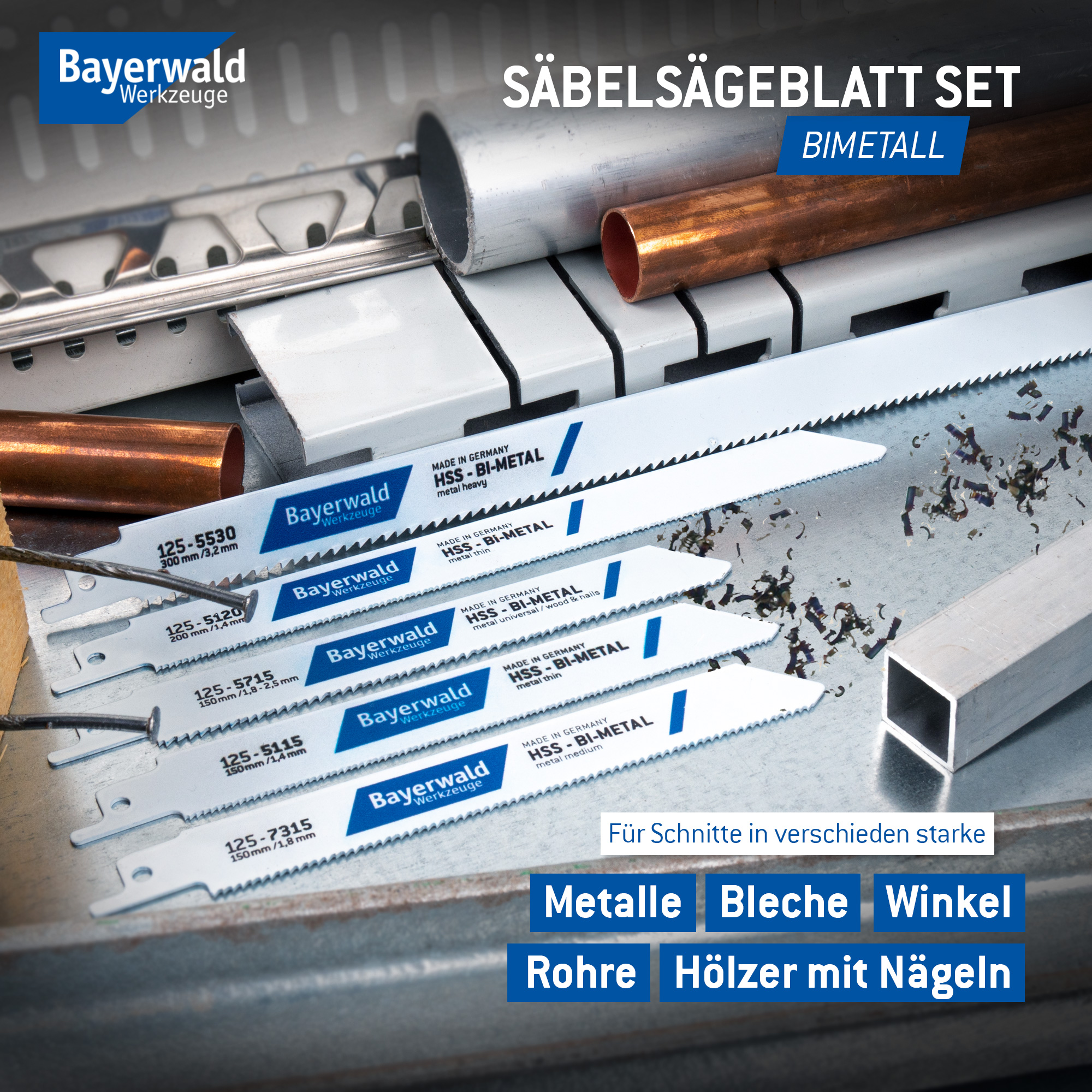 Säbelsägeblatt Set 5tlg. für Bleche, Winkel, Rohre (Metall) / Bayerwald Werkzeuge / 8-18 ZpZ / Universalschaft