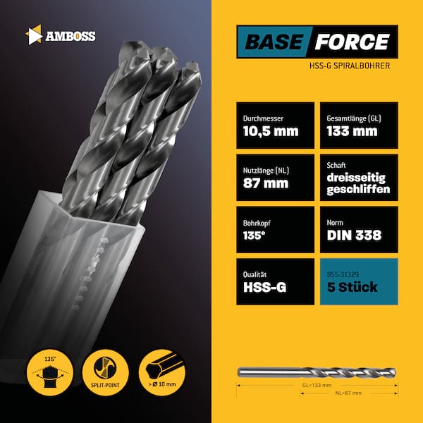 5 x HSS G BASE Force Metallbohrer DIN 338 - Ø:10.5 mm 5 x HSS G BASE Force Metallbohrer DIN 338 - Ø:10.5 mm