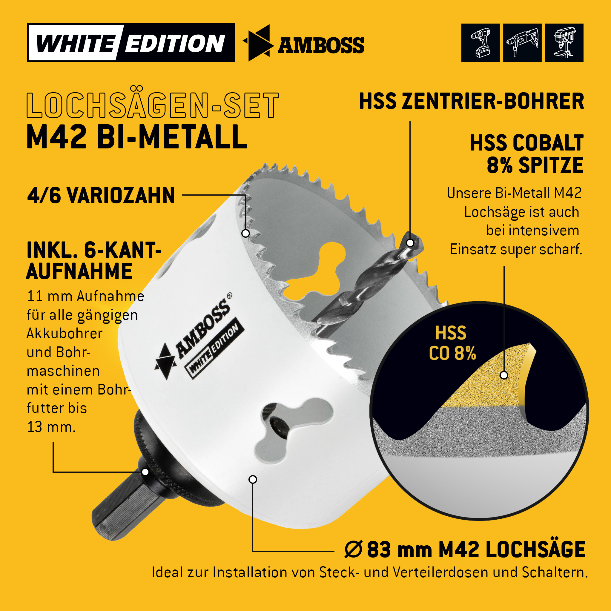 Lochsäge 83 mm - Amboss Bi-Metall (inkl. 6-kant Standard-Aufnahme) ideal für Hohlwanddose, LED-Spot, Steckdose in Gipskarton/Holz Lochsäge 83 mm - Amboss Bi-Metall (inkl. 6-kant Standard-Aufnahme) ideal für Hohlwanddose, LED-Spot, Steckdose in Gipskarton/Holz