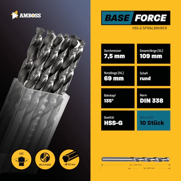 10 x  BASE Force Metallbohrer DIN 338 - Ø:7.5 mm 10 x  BASE Force Metallbohrer DIN 338 - Ø:7.5 mm