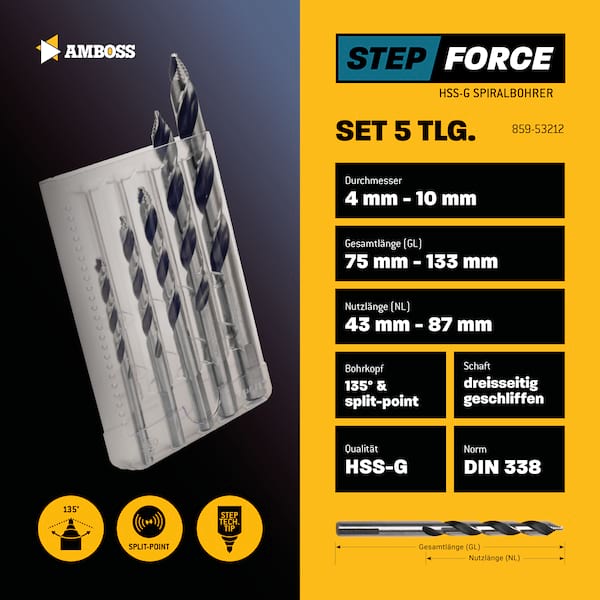 5-tlg. Step Force Set Spiralbohrer HSS-G DIN 338 (Ø 4-10 mm) 5-tlg. Step Force Set Spiralbohrer HSS-G DIN 338 (Ø 4-10 mm)